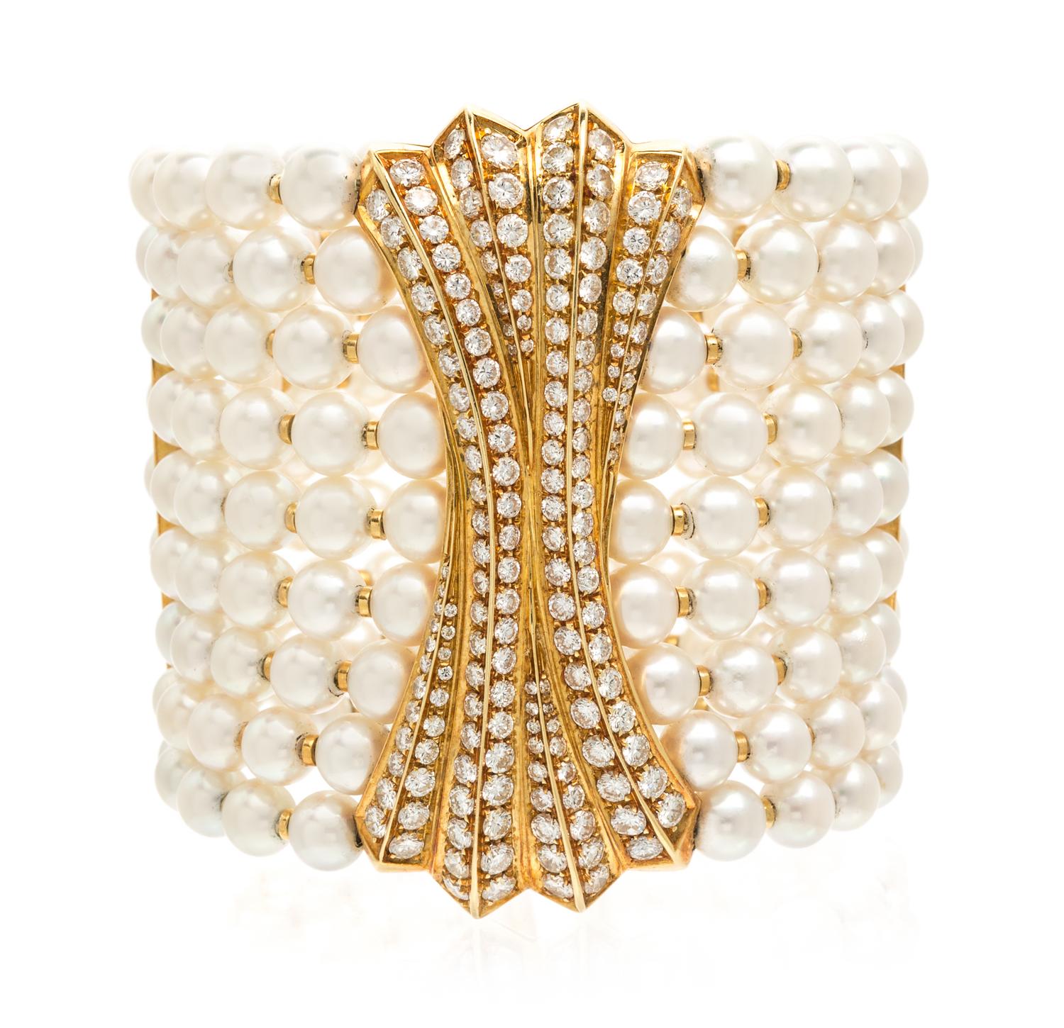 An 18 Karat Yellow Gold, Cultured Pearl and Diamond Cuff Bracelet, 87.50 dwts.