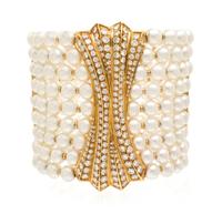 An 18 Karat Yellow Gold, Cultured Pearl and Diamond Cuff Bracelet, 87.50 dwts.