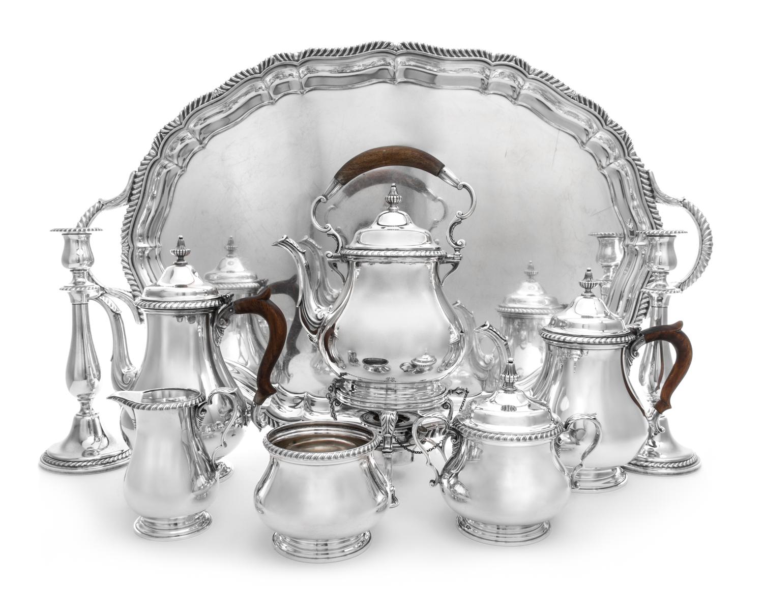 An American Silver Tea and Coffee Service, Gorham Mfg. Co., Providence, RI, comprising a coffee pot, a teapot, a kettle on stand, a cre