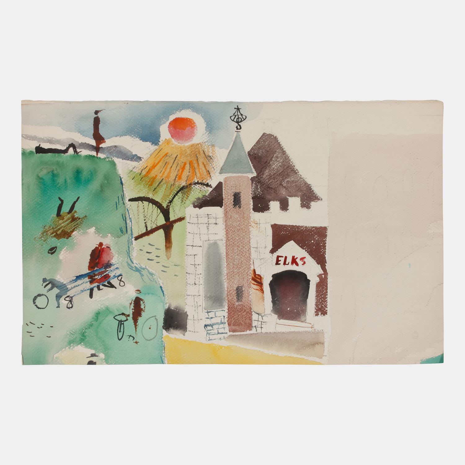 Town Scene and Elks Lodge (a pair of works)