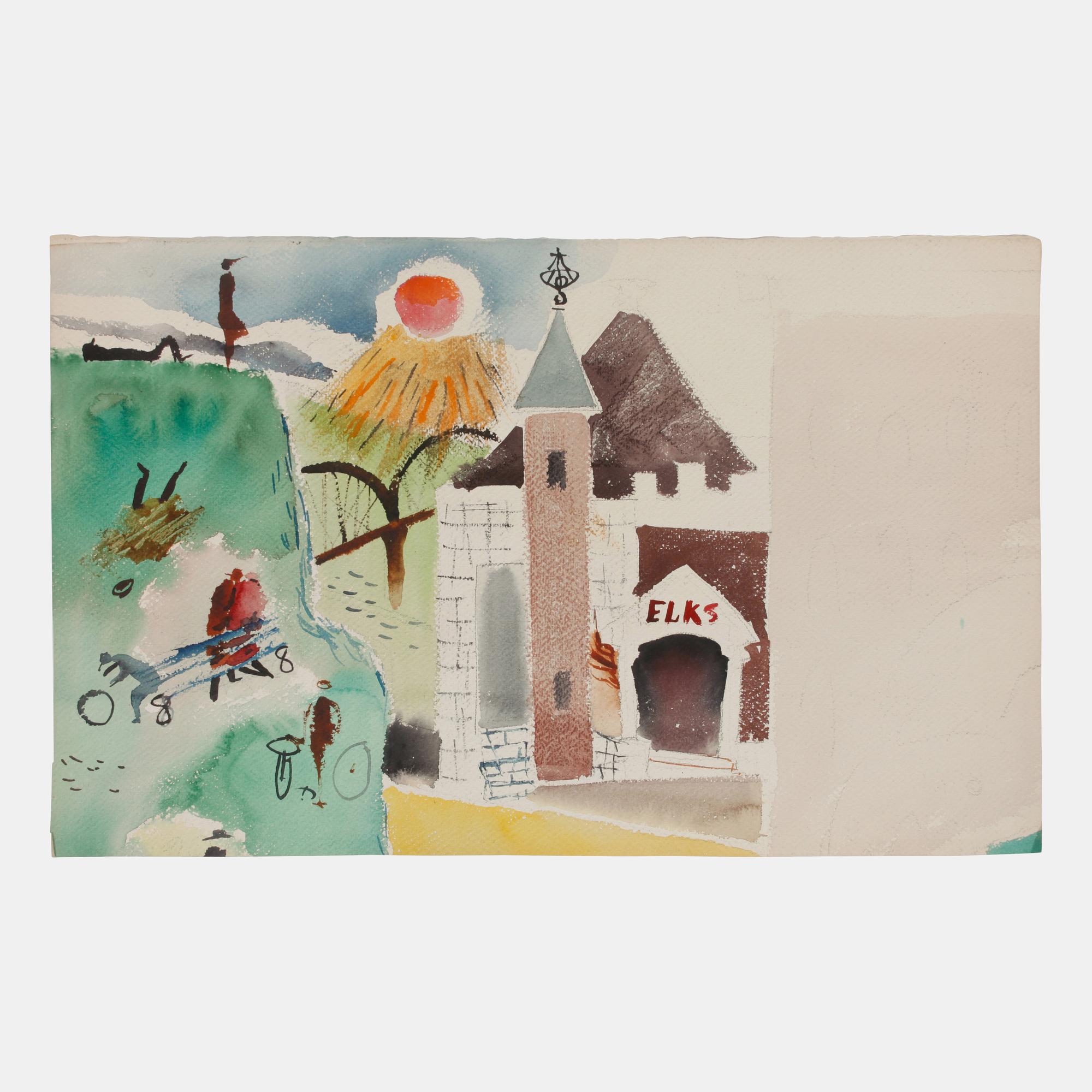Town Scene and Elks Lodge (a pair of works)