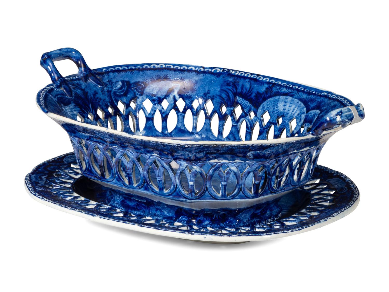 A Historic Blue Staffordshire 'West Point' Chestnut Reticulated Basket and Undertray