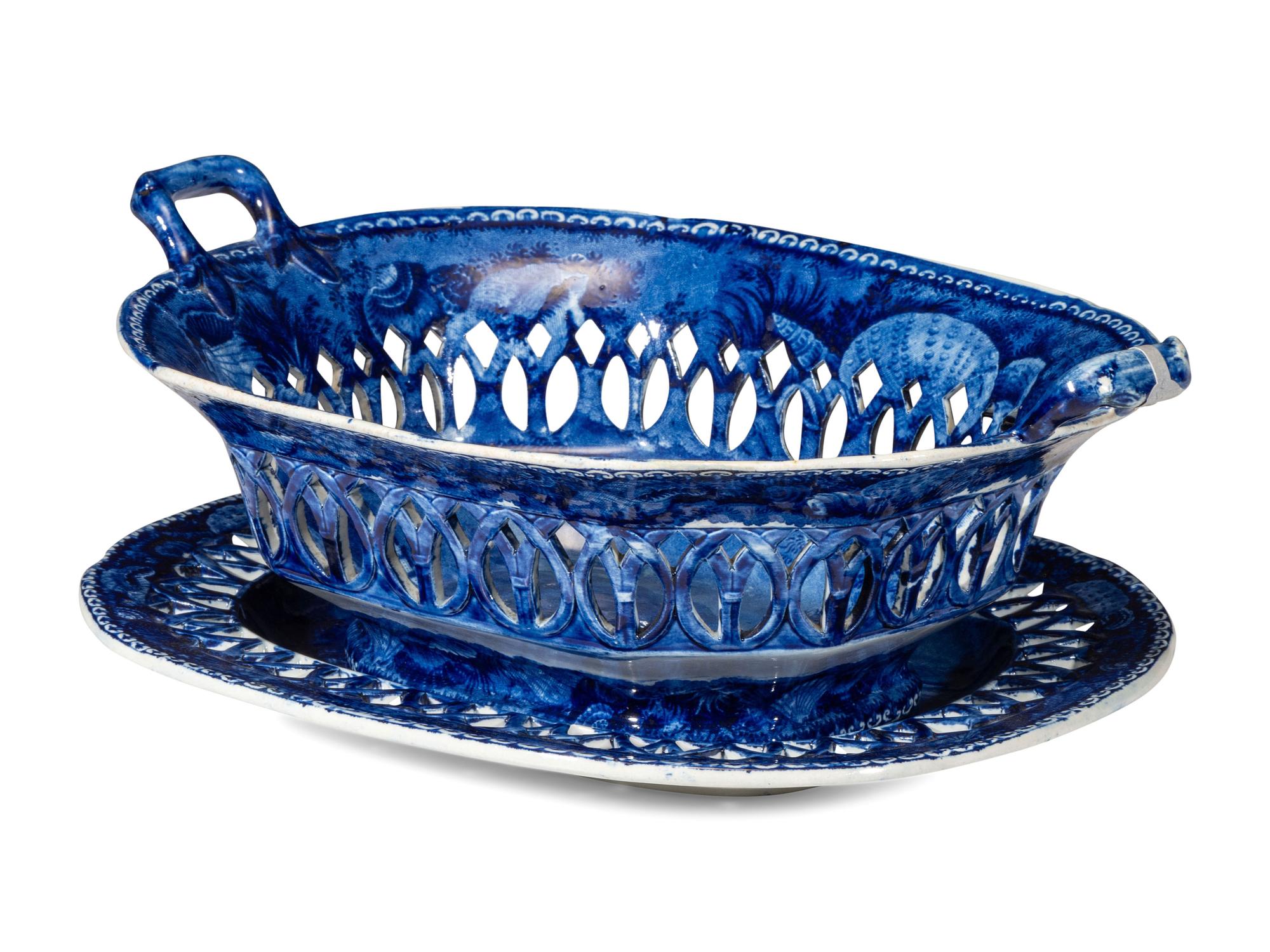 A Historic Blue Staffordshire 'West Point' Chestnut Reticulated Basket and Undertray
