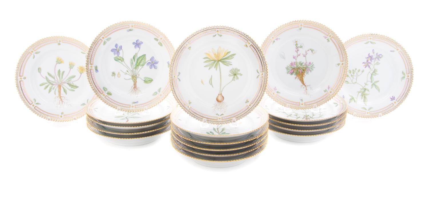 Eighteen Royal Copenhagen Flora Danica Bread Plates Diameter 3/4 inches.