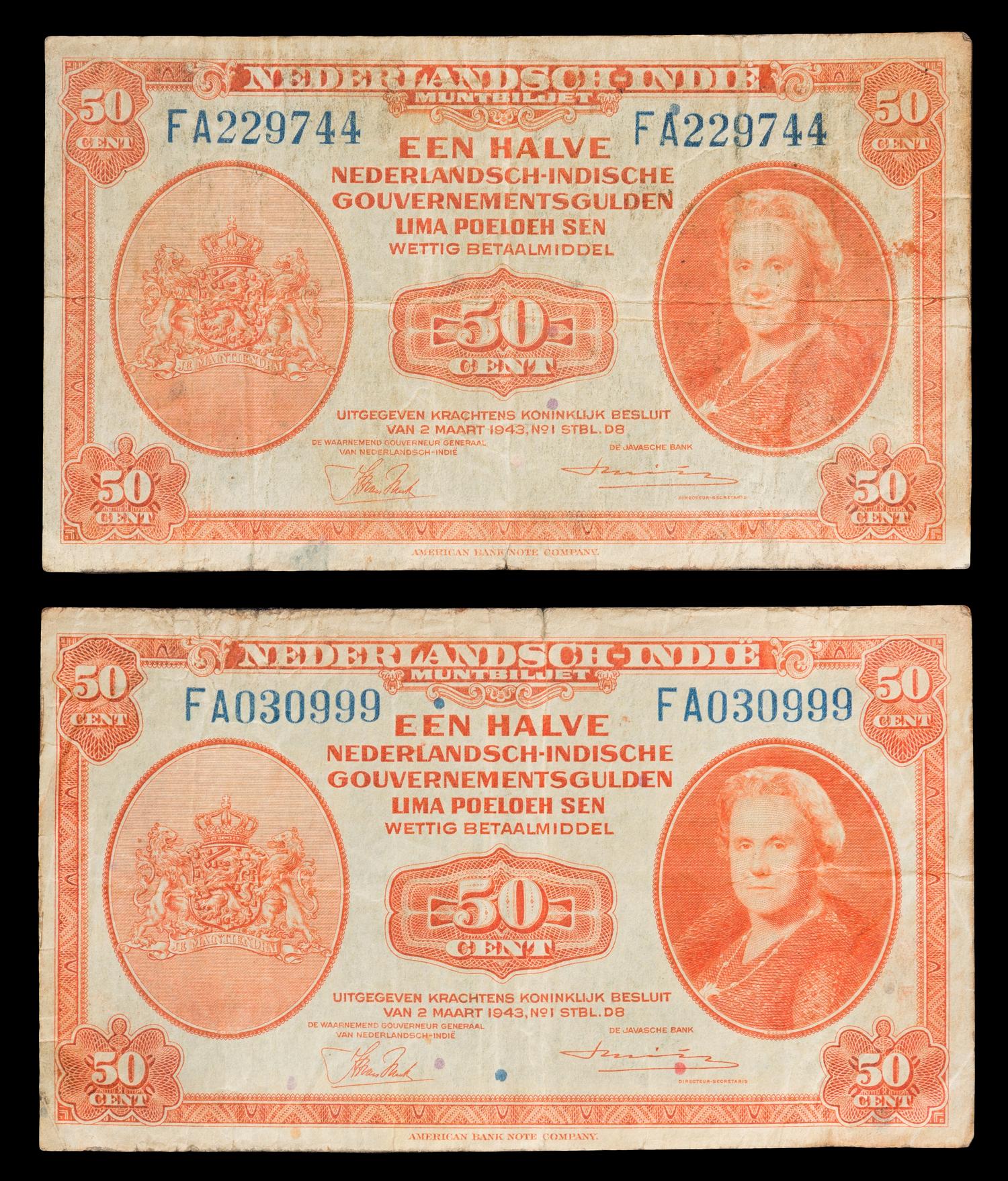Two Dutch East Indies 1943 50-Cent Notes