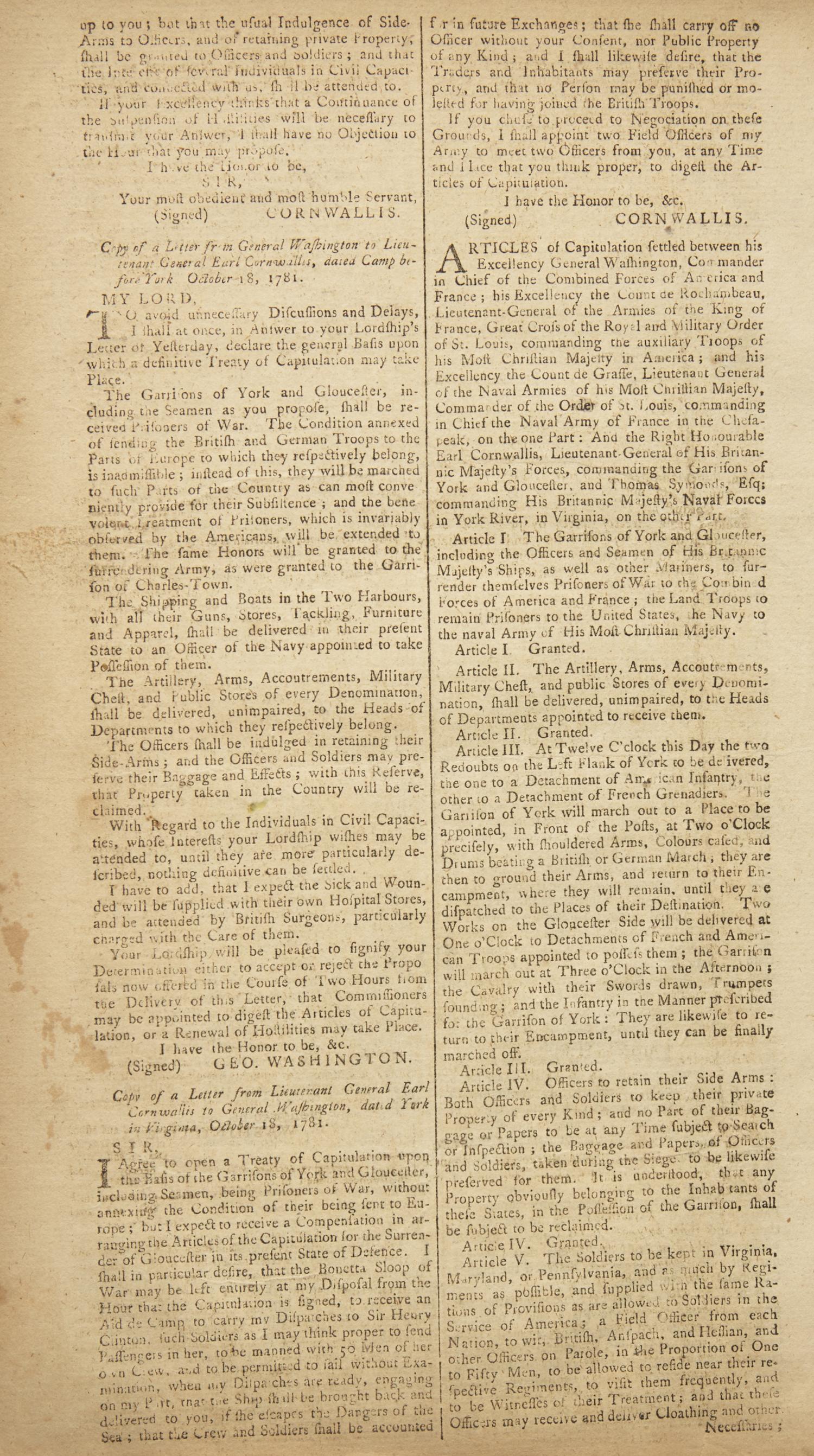 [American Revolution] The English Crown Reports Lord Cornwallis’s Surrender at Yorktown