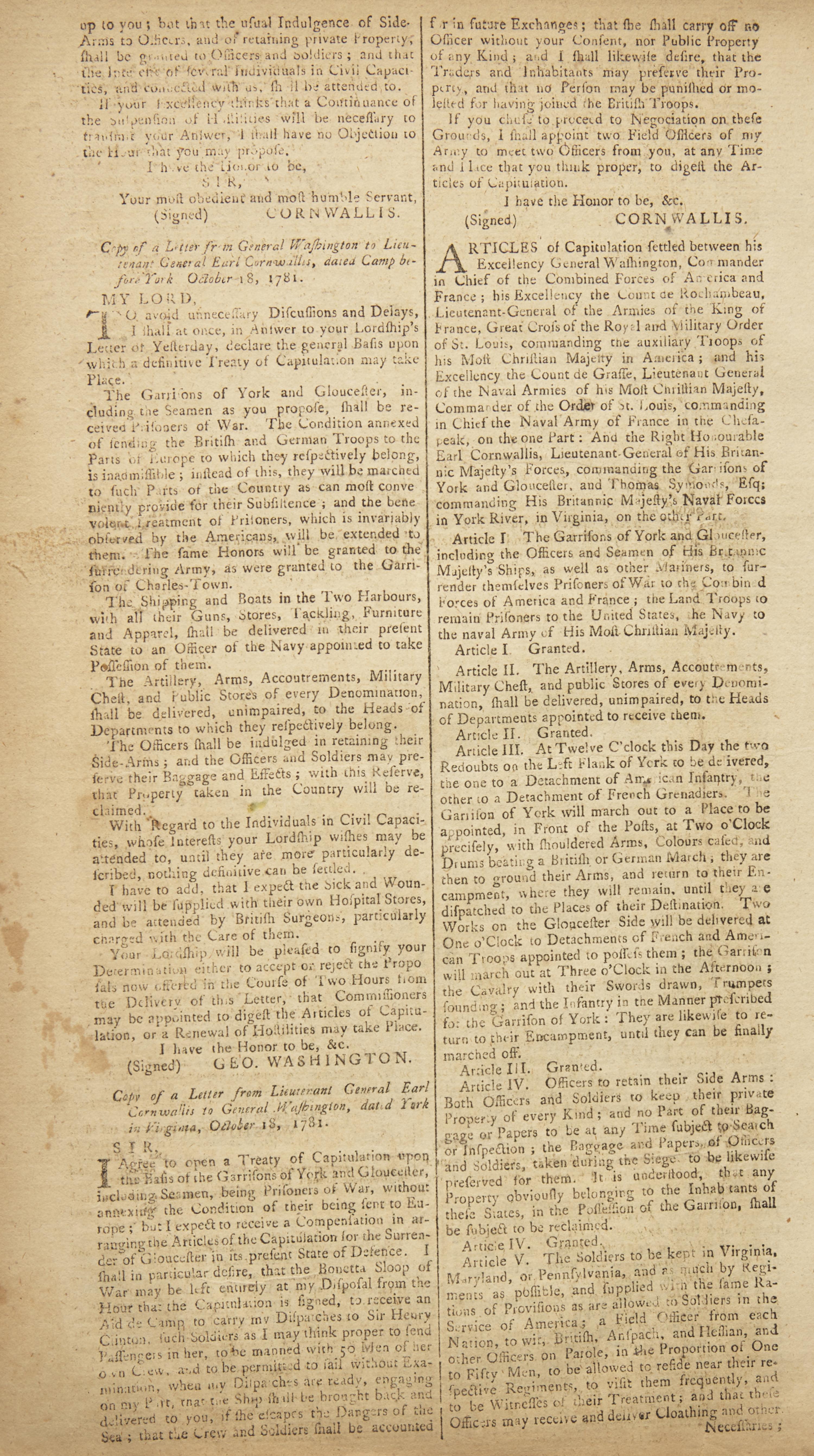 [American Revolution] The English Crown Reports Lord Cornwallis’s Surrender at Yorktown