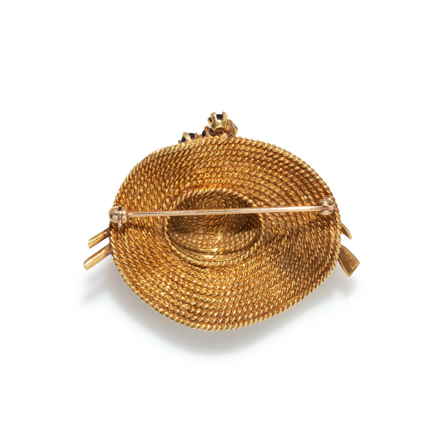 YELLOW GOLD, GEMSTONE AND DIAMOND HAT BROOCH
