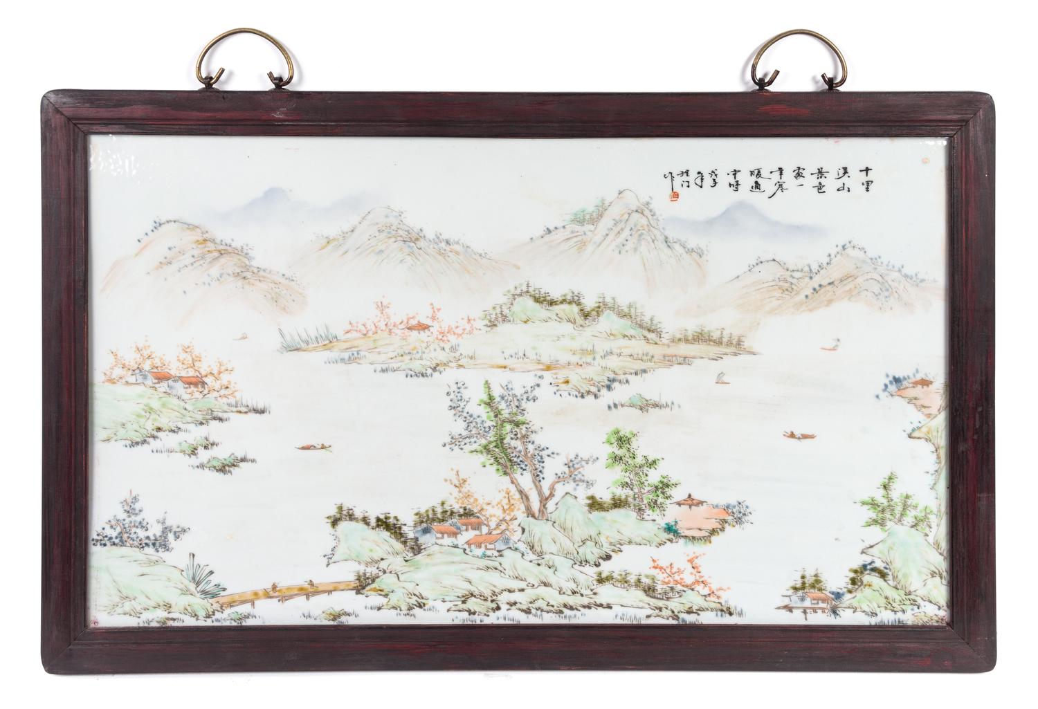 A Set of Four Chinese Porcelain Plaques Height 16 1/2 x width 29 inches.