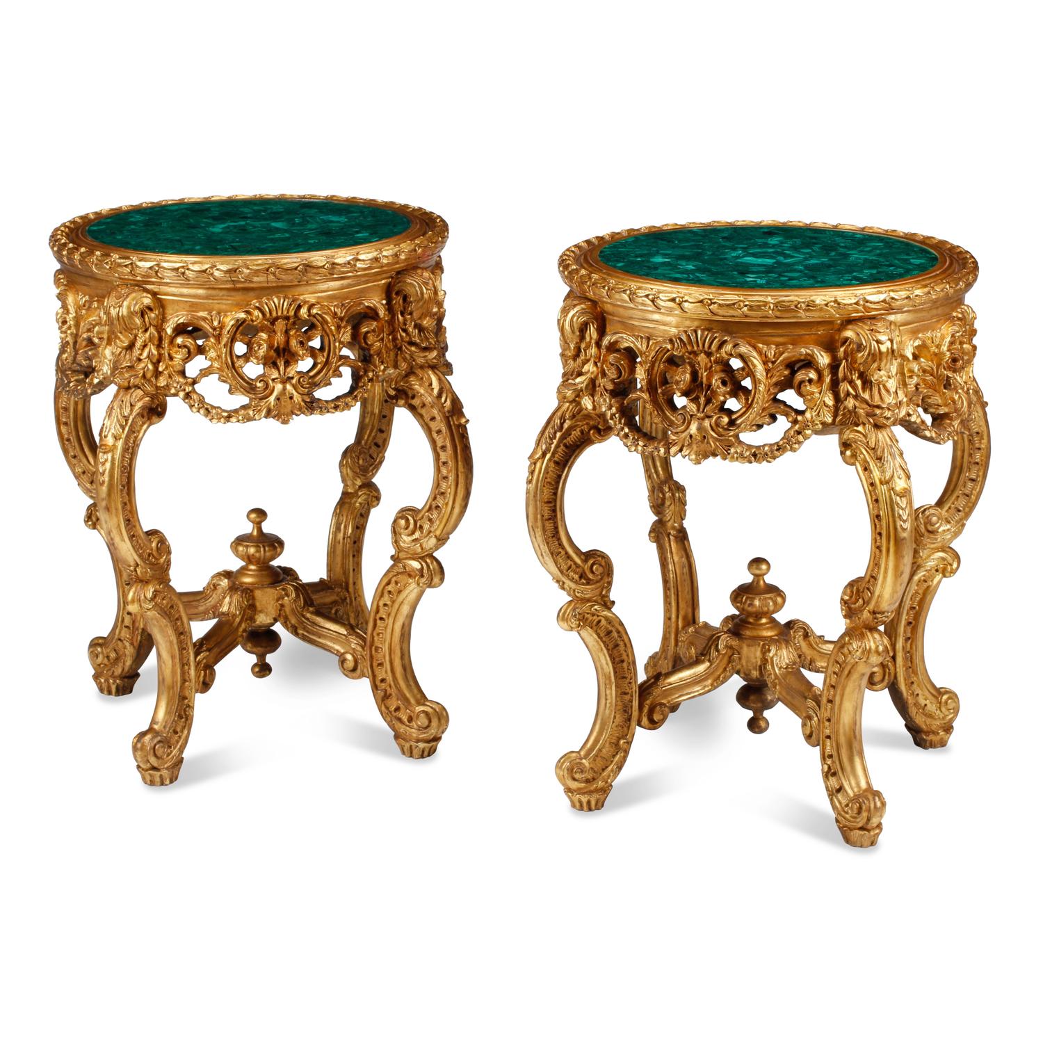 A Pair of Louis XV Style Giltwood and Malachite Side Tables
