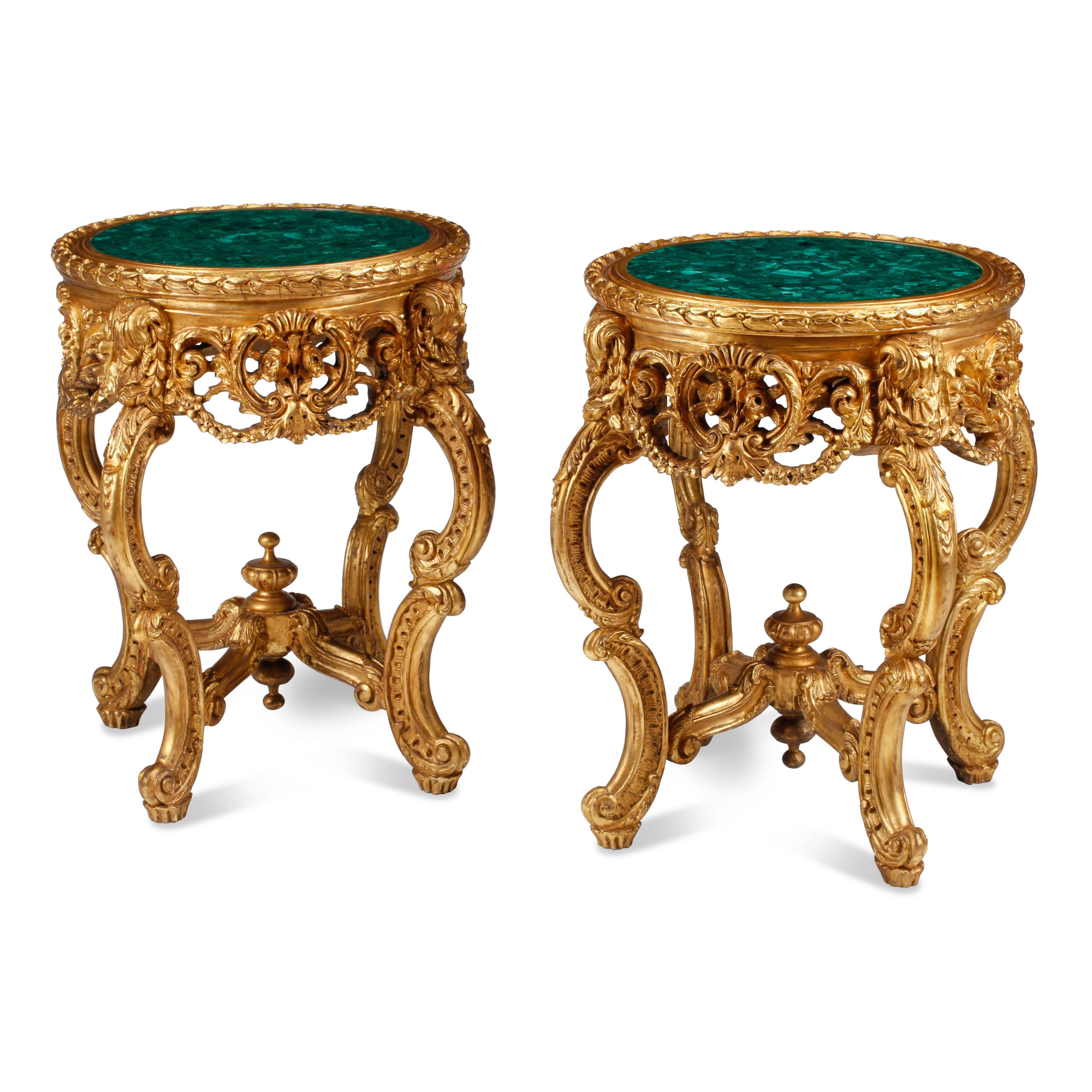 A Pair of Louis XV Style Giltwood and Malachite Side Tables
