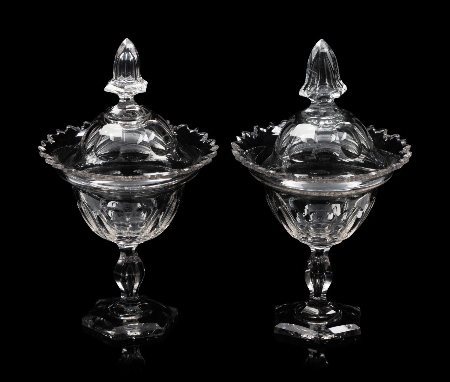 A Pair of English Cut Glass Footed Bowls and Covers