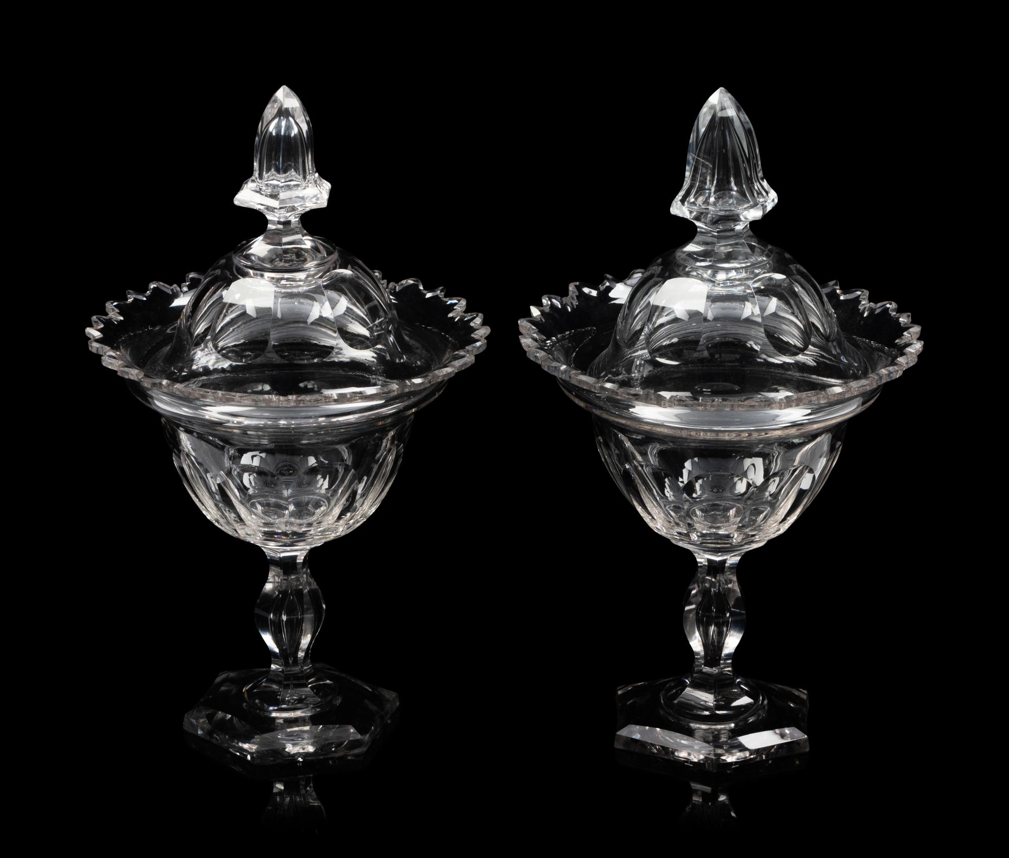 A Pair of English Cut Glass Footed Bowls and Covers
