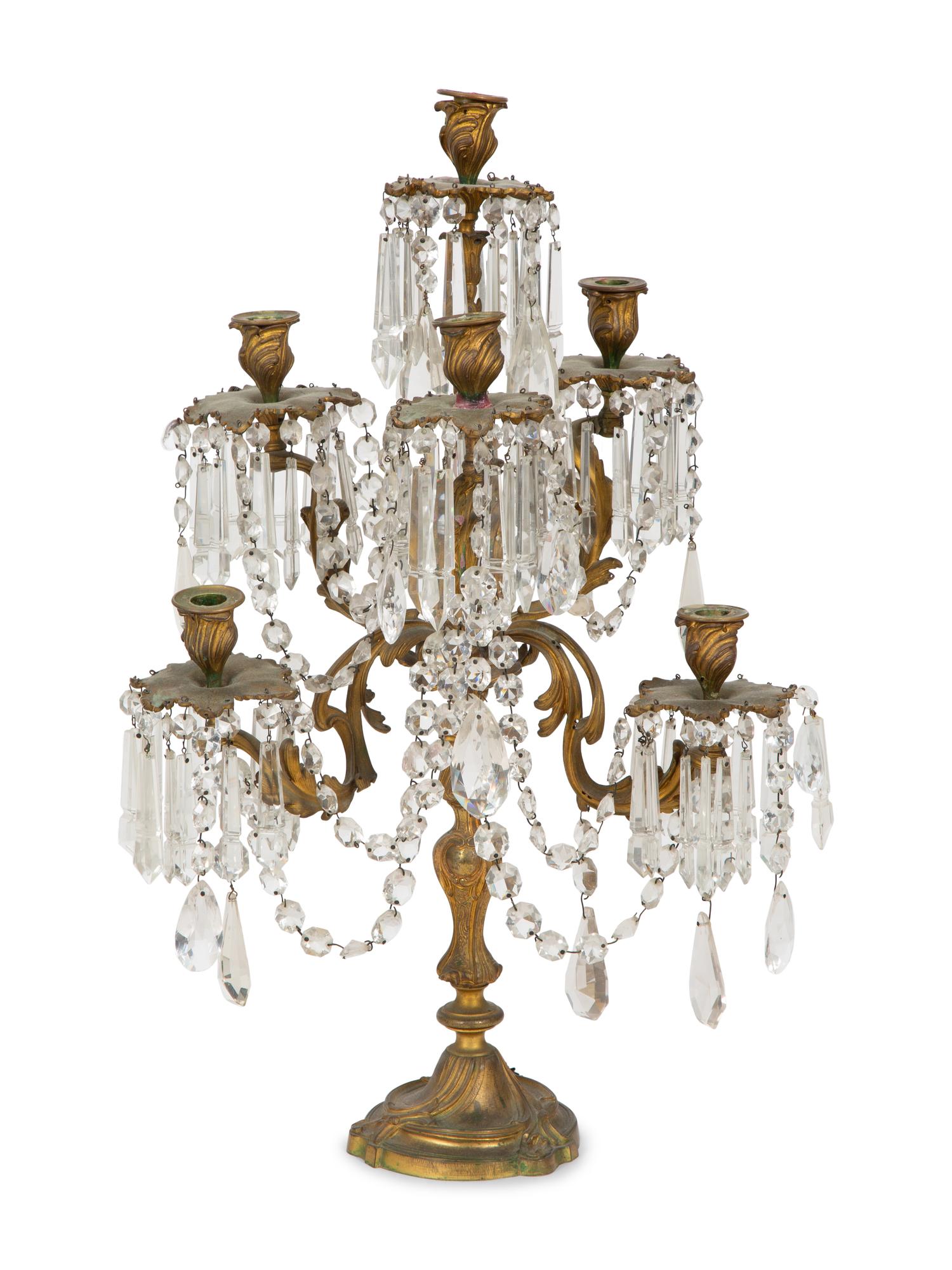 A Pair of Rococo Style Gilt Bronze and Cut Glass Swag Three-Light Candelabra — 20TH CENTURY
