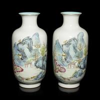A Pair of Chinese Famille Rose Porcelain 'Landscape' Lantern Vases, Late Qing/Republican Period — 晚清/民國 粉彩山水圖燈籠瓶一對