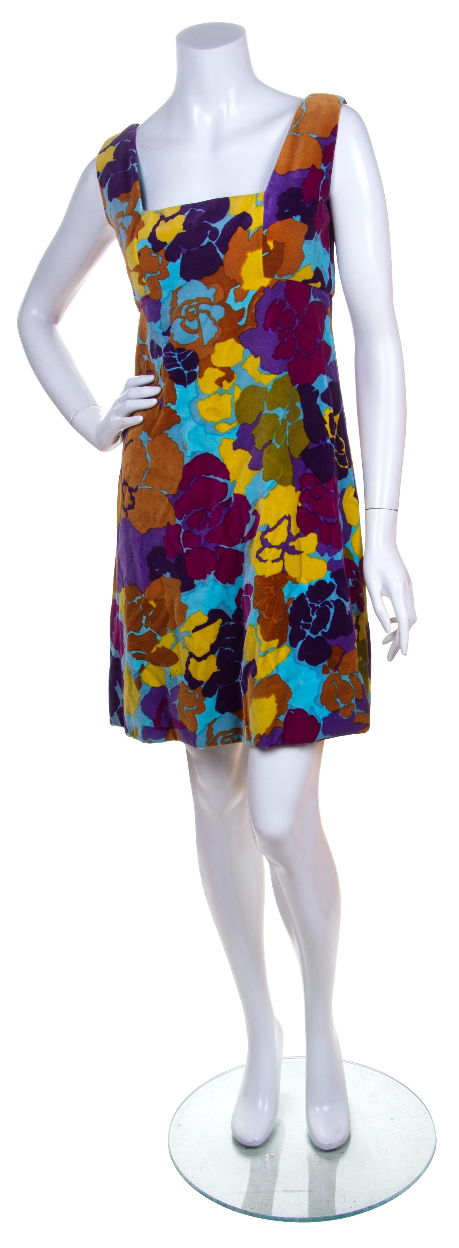 A Bill Blass Multicolor Floral Velvet Dress Ensemble, Dress size 10, coat size 12.