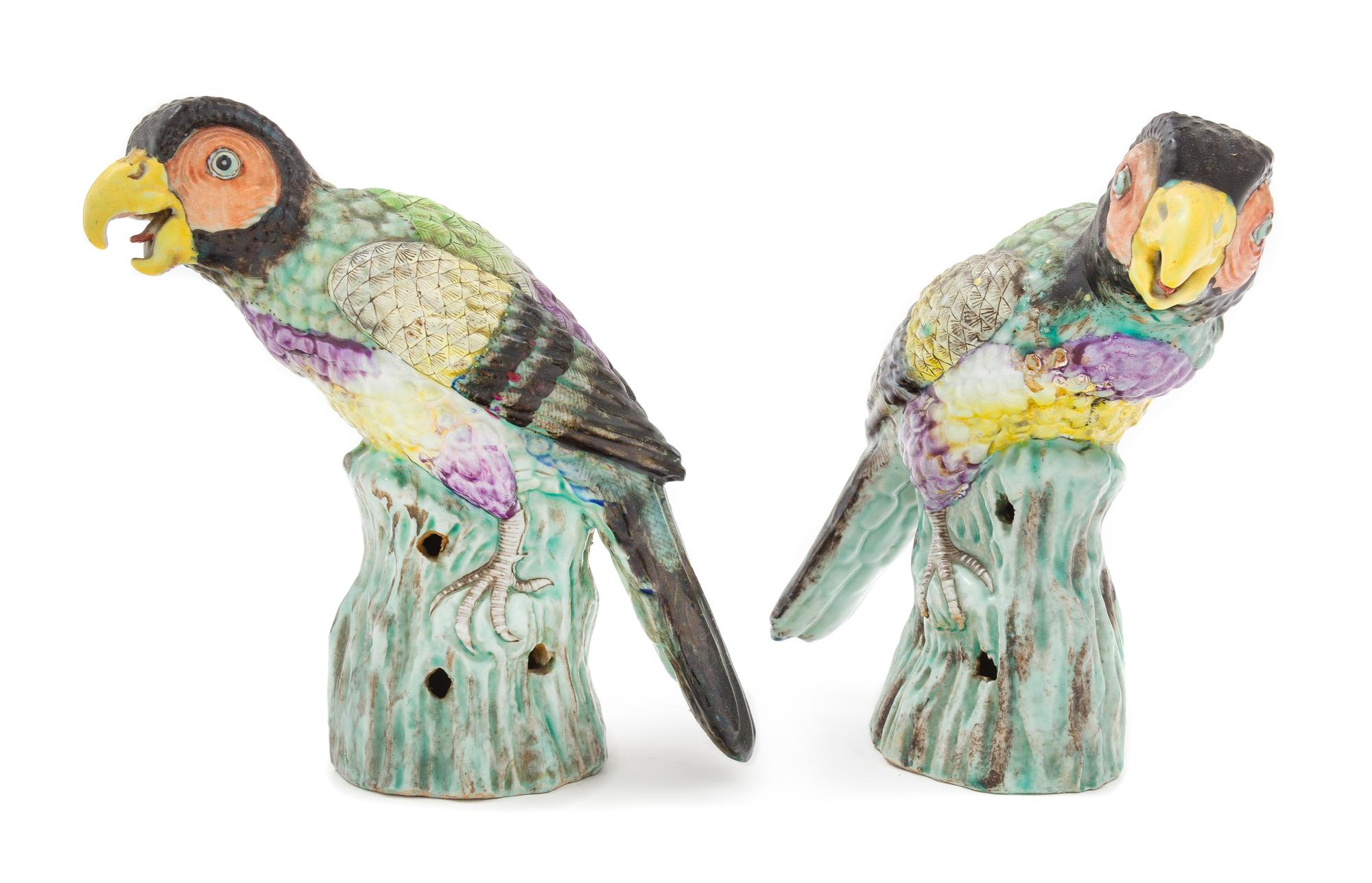 A Pair of Chinese Export Polychrome Enameled Porcelain Figures of Parrots Height 7 inches. — 19TH CENTURY