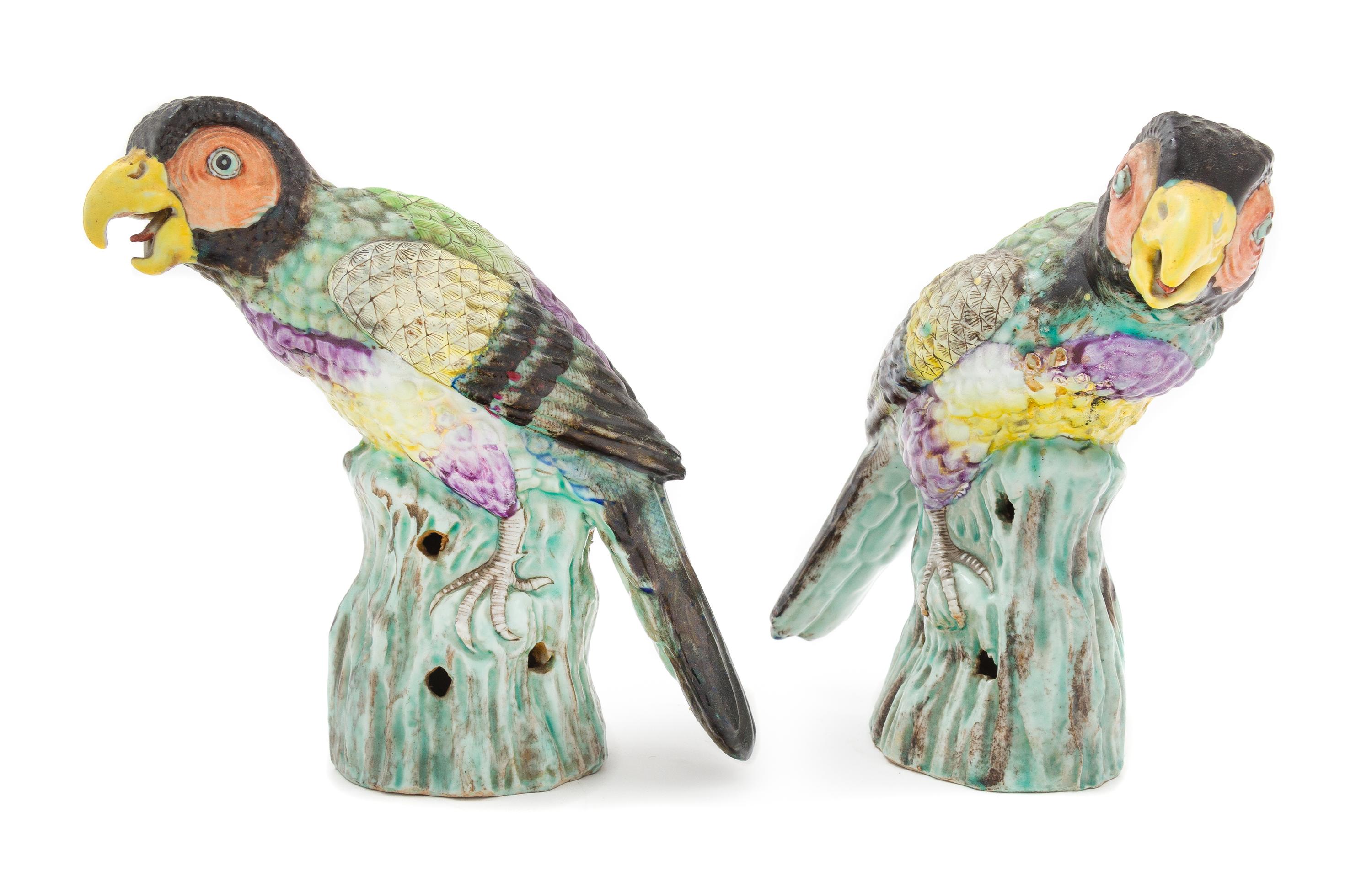 A Pair of Chinese Export Polychrome Enameled Porcelain Figures of Parrots Height 7 inches. — 19TH CENTURY