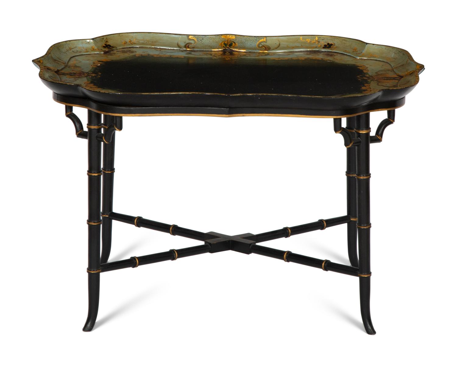 A Regency Style Black and Polychromed Lacquer Tray Top Table