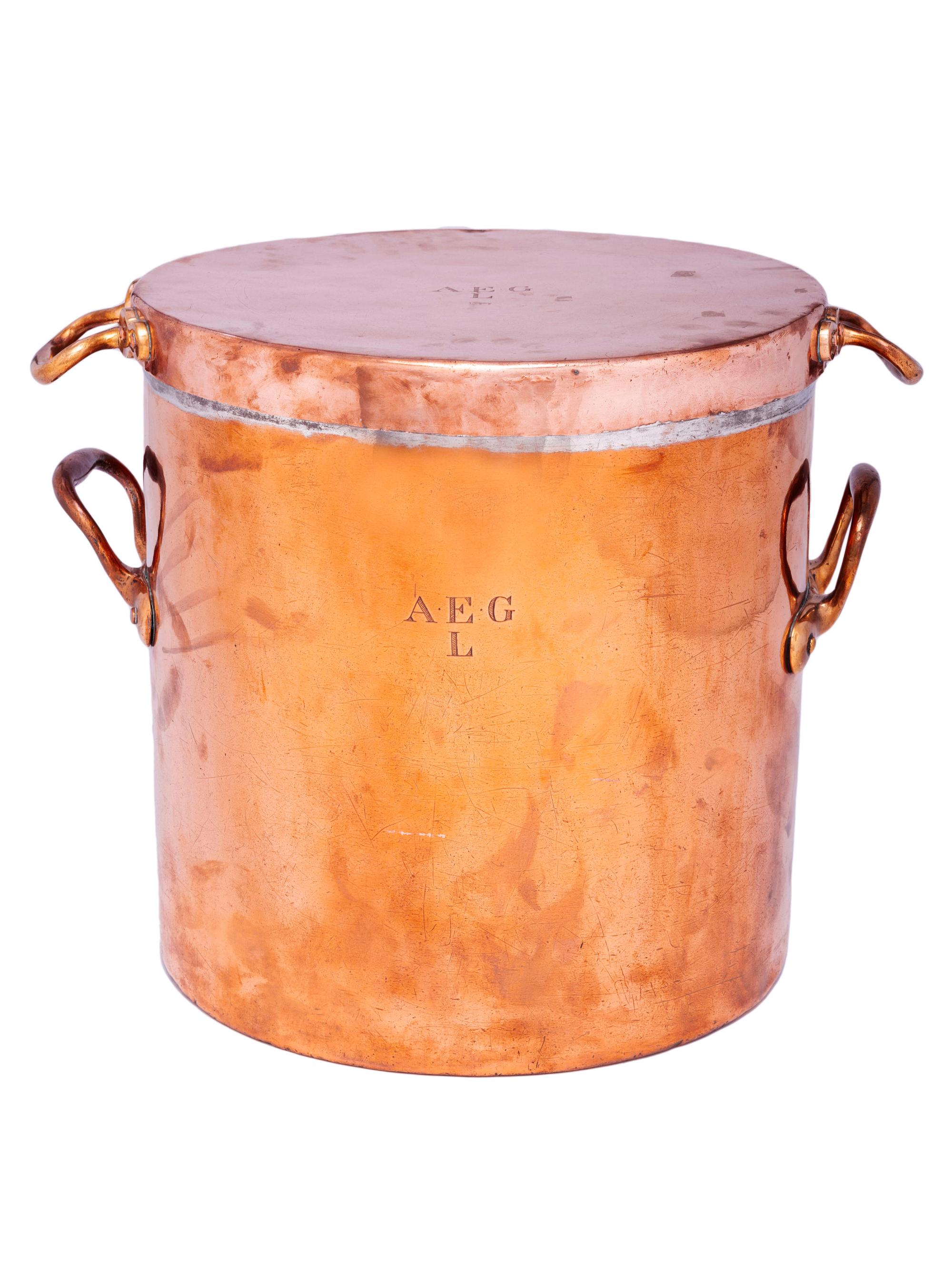 An English Copper Stock Pot with Cover and Brass Handles
