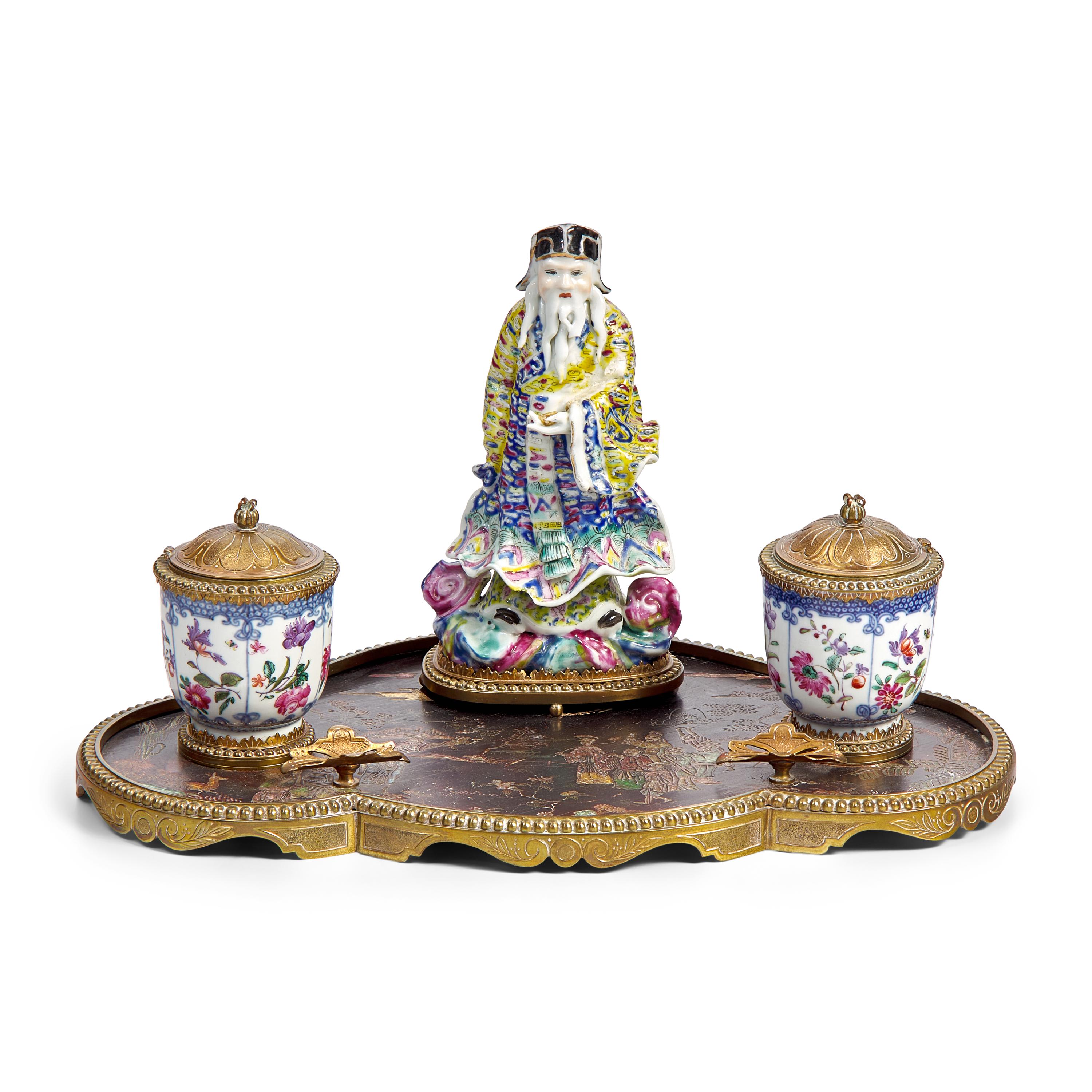 A Chinese Export Gilt Metal, Parcel Gilt Porcelain and Lacquer Inkstand