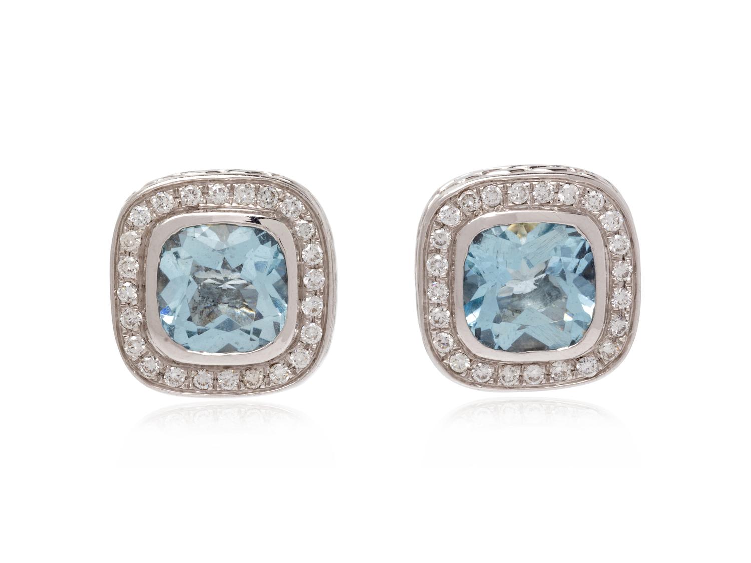 A Pair of 18 Karat White Gold, Aquamarine and Diamond Earclips, Fope,