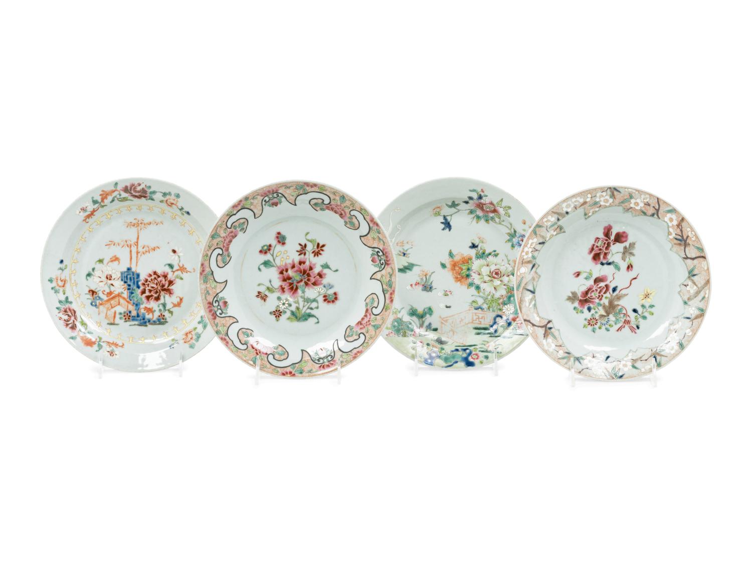 Four Chinese Export Style Famille Rose Porcelain Plates
