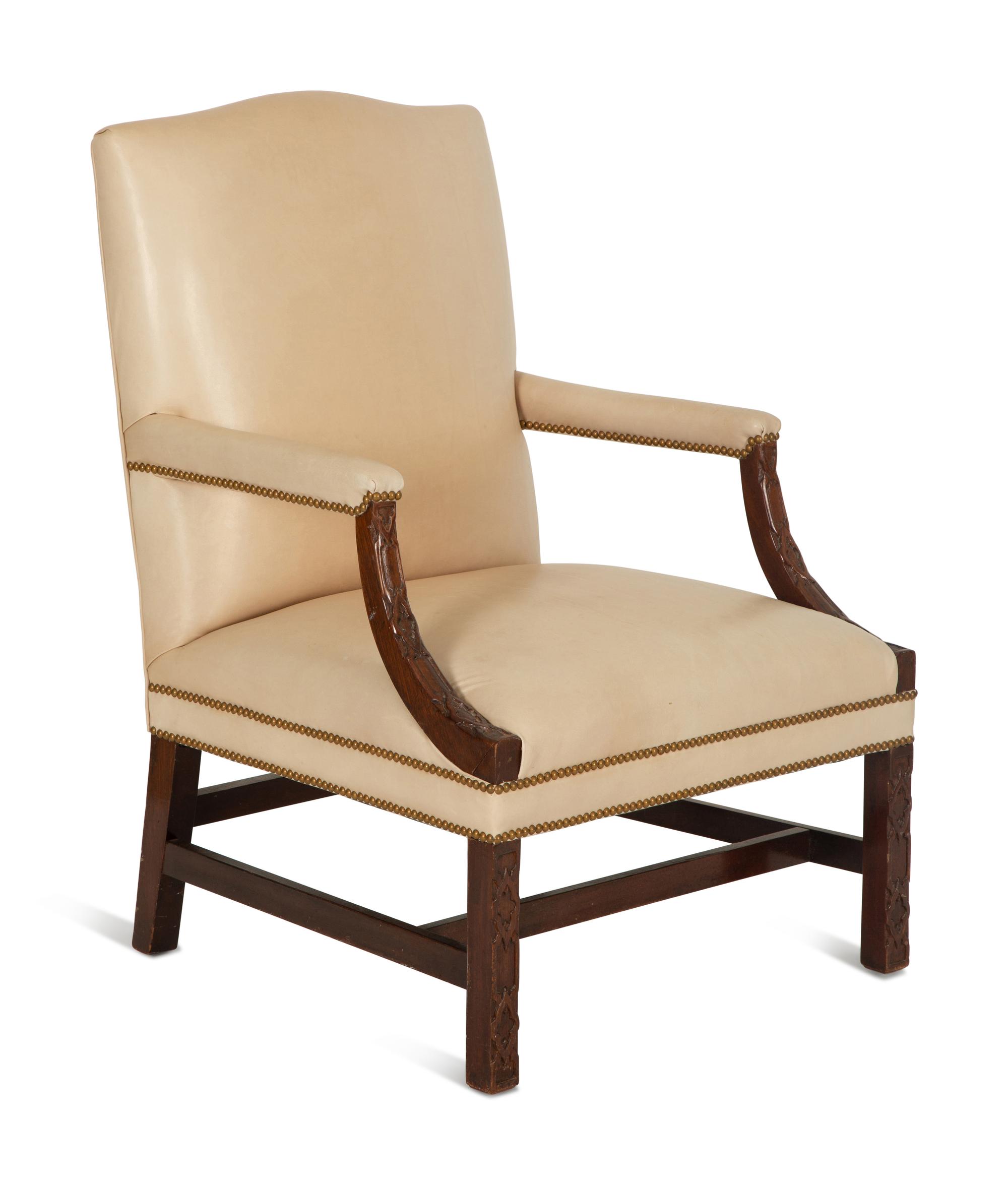 A George II Style Mahogany White Leather Upholstered Library Chair — 20th Century