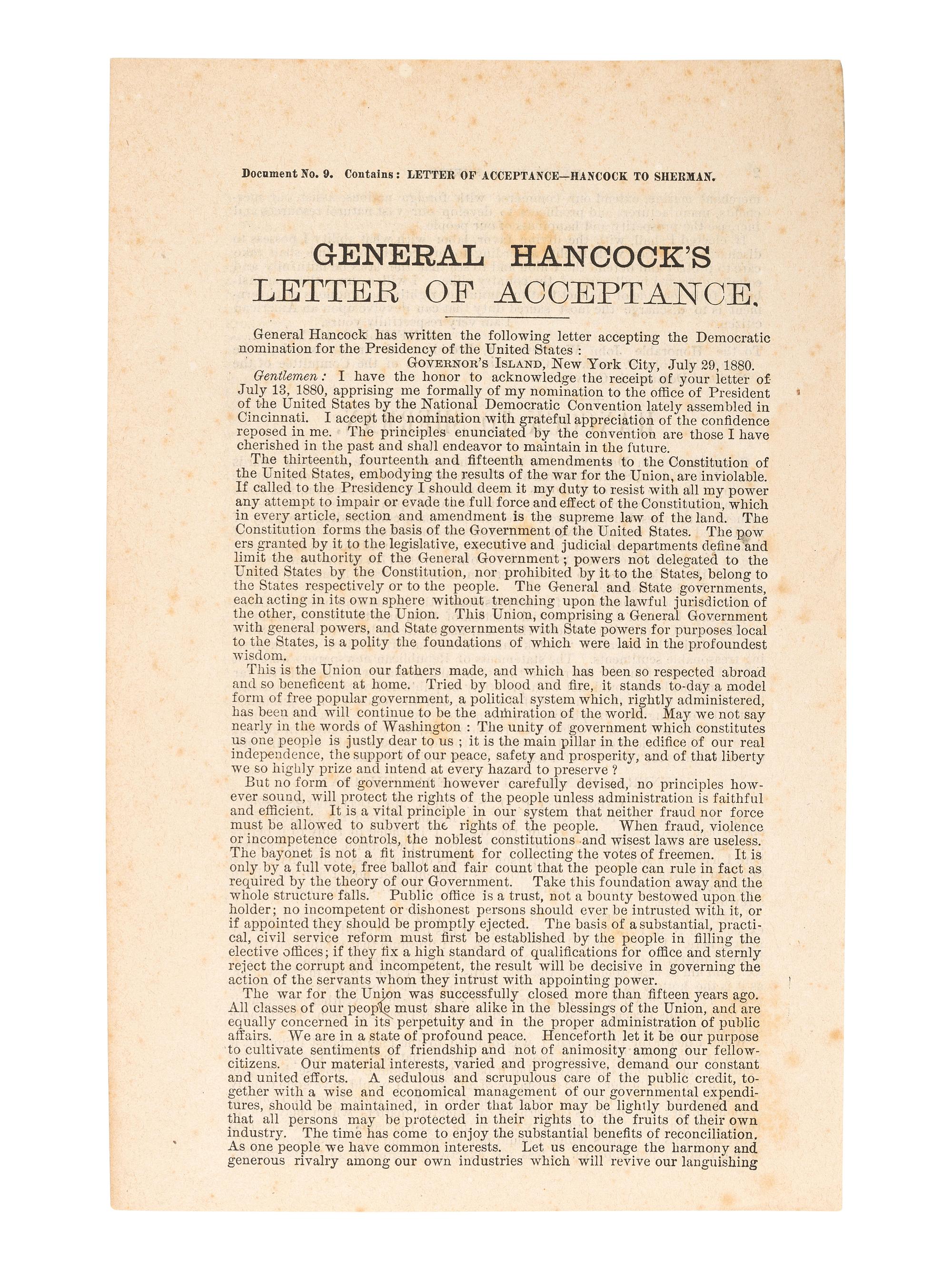 [HANCOCK, Winfield Scott (1824-1886)]. A group of cabinet cards, advertising cards, and other ephemera related to Hancock's 1880 presidential campaign, comprising:
