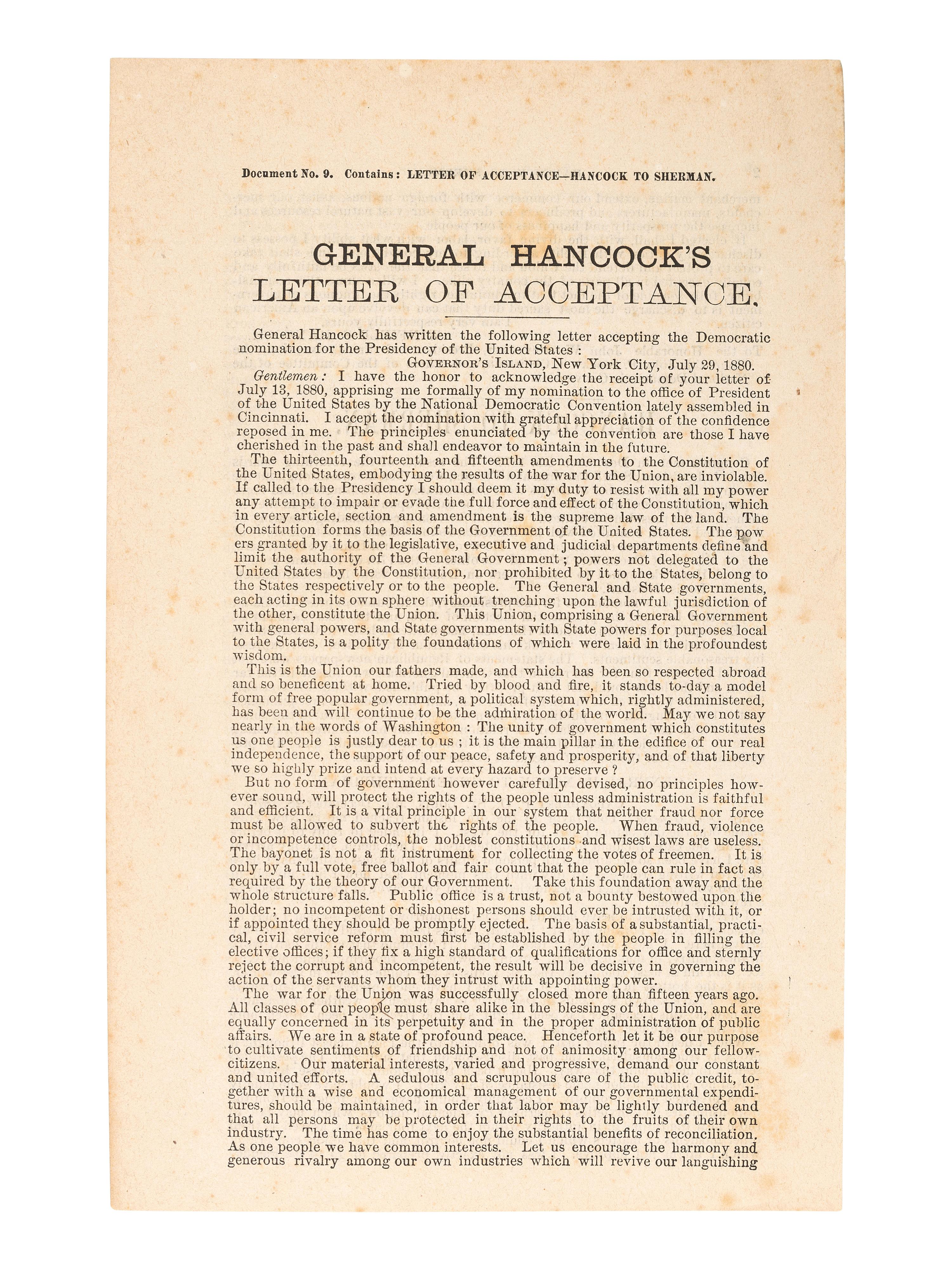 [HANCOCK, Winfield Scott (1824-1886)]. A group of cabinet cards, advertising cards, and other ephemera related to Hancock's 1880 presidential campaign, comprising:
