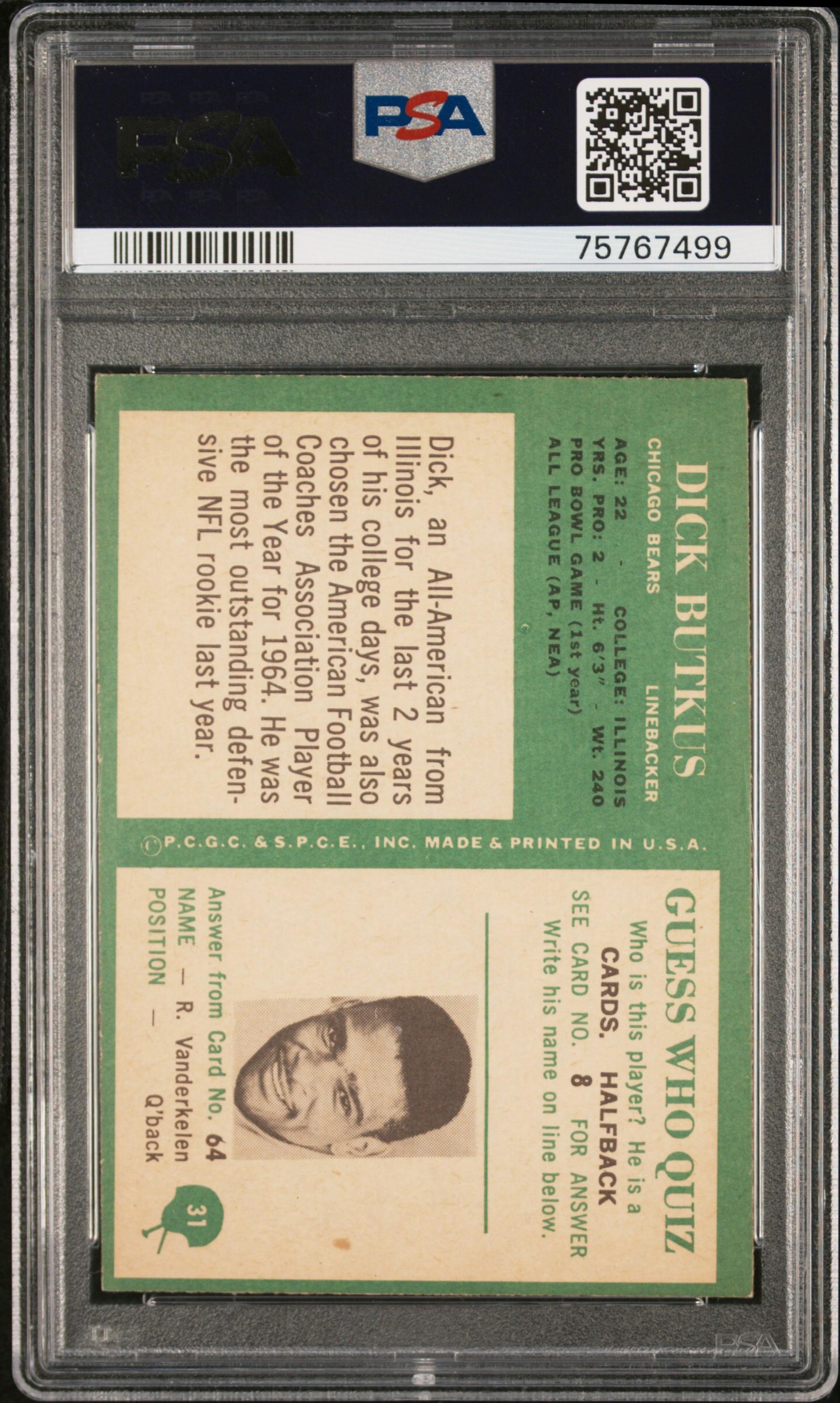 A 1966 Philadelphia Dick Butkus Rookie Football Card No. 31 (PSA 6 EX-MT)