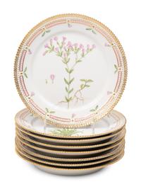 A Set of Eight Royal Copenhagen Flora Danica Porcelain Luncheon Plates