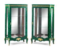 A Pair of Louis XVI Style Gilt Bronze Mounted Malachite Vitrine Cabinets