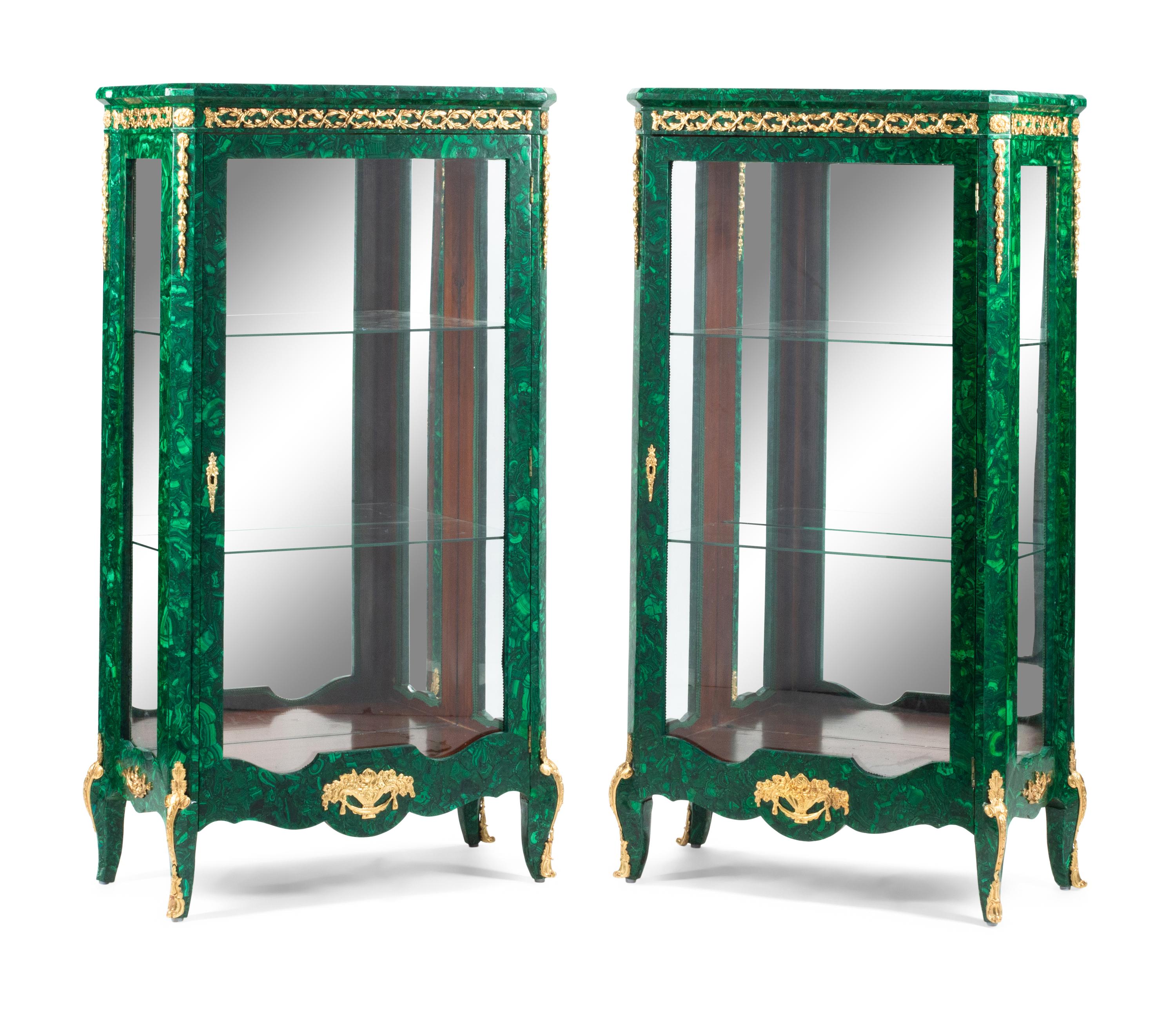 A Pair of Louis XVI Style Gilt Bronze Mounted Malachite Vitrine Cabinets