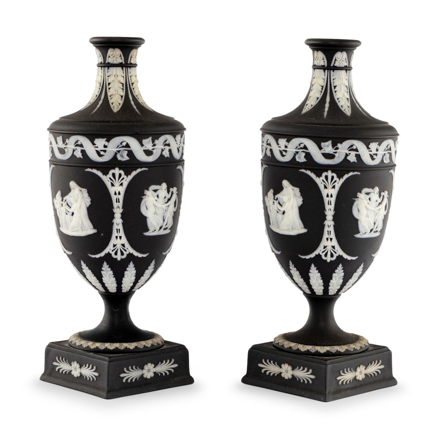 A Pair of Wedgwood Black Jasperware Urns