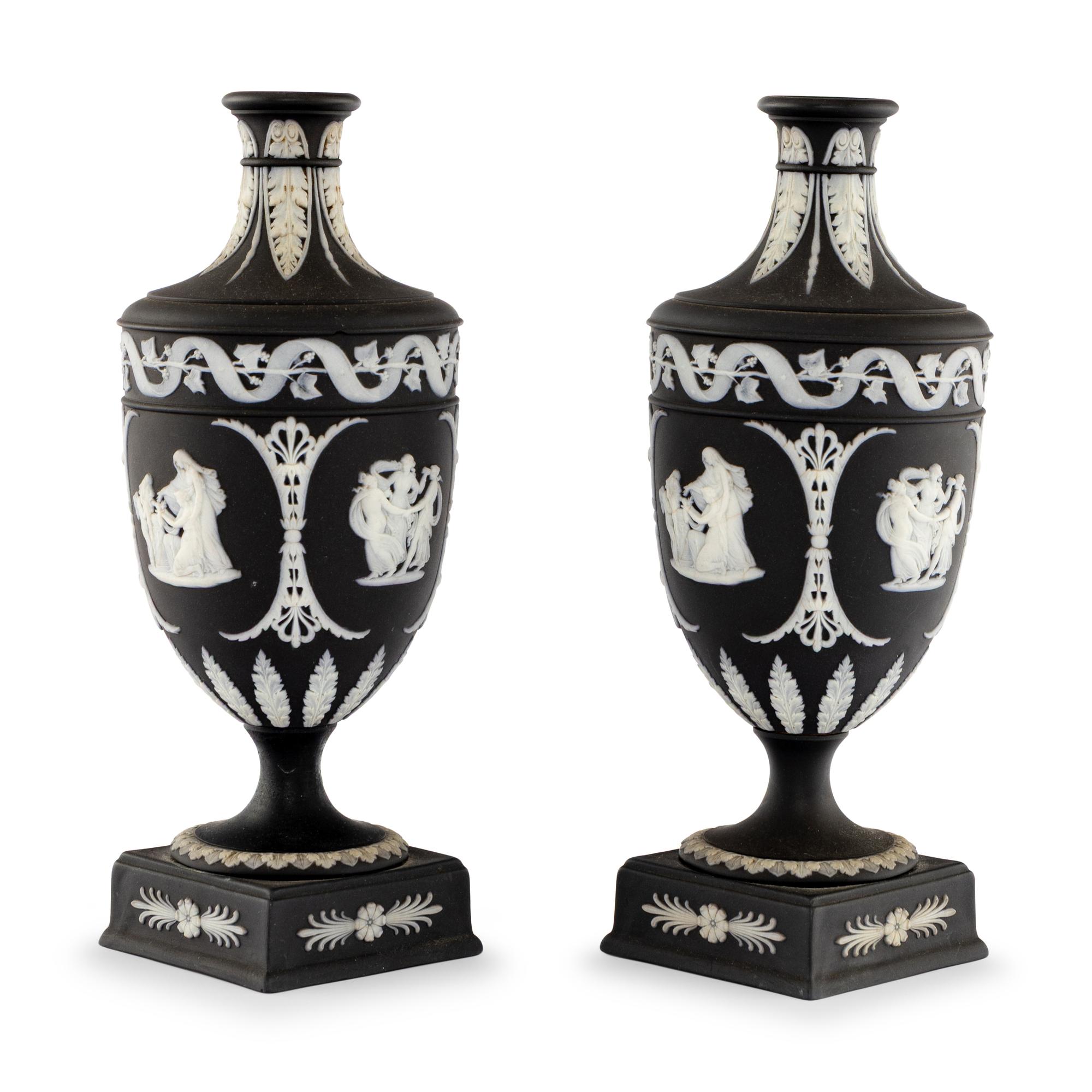 A Pair of Wedgwood Black Jasperware Urns