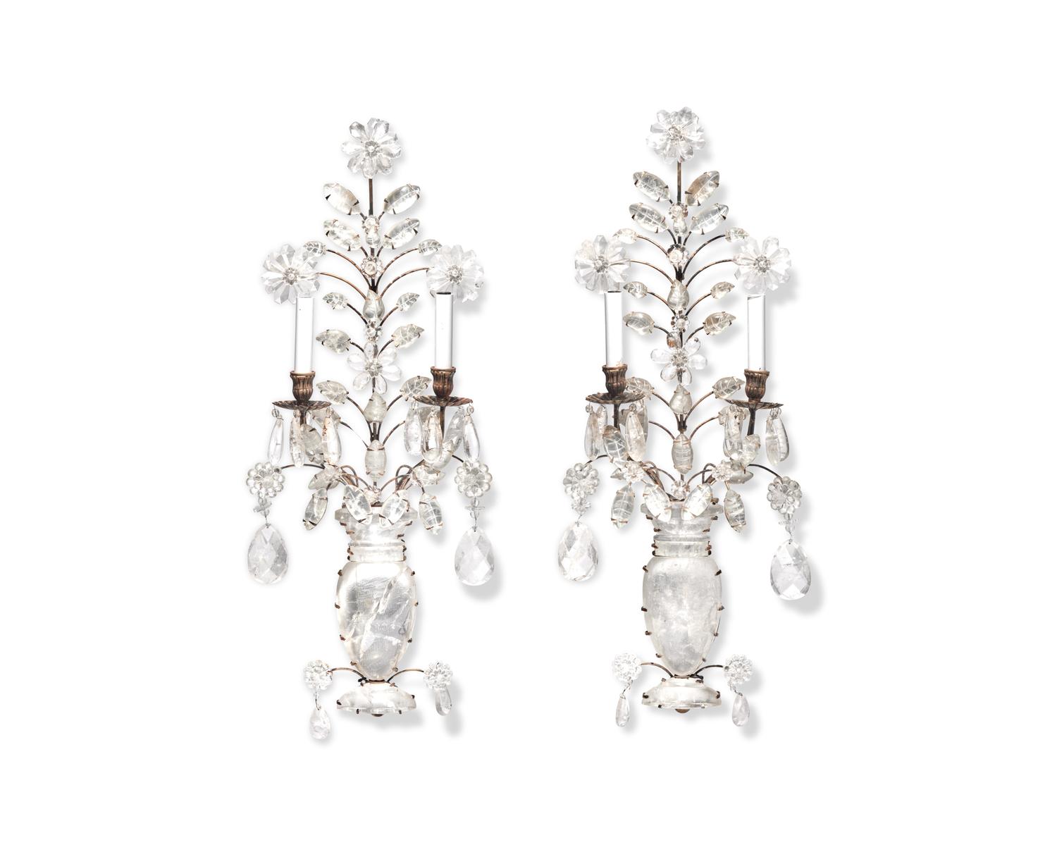 A pair of Maison Bagues style rock crystal and brass wall sconces, mid-20th century