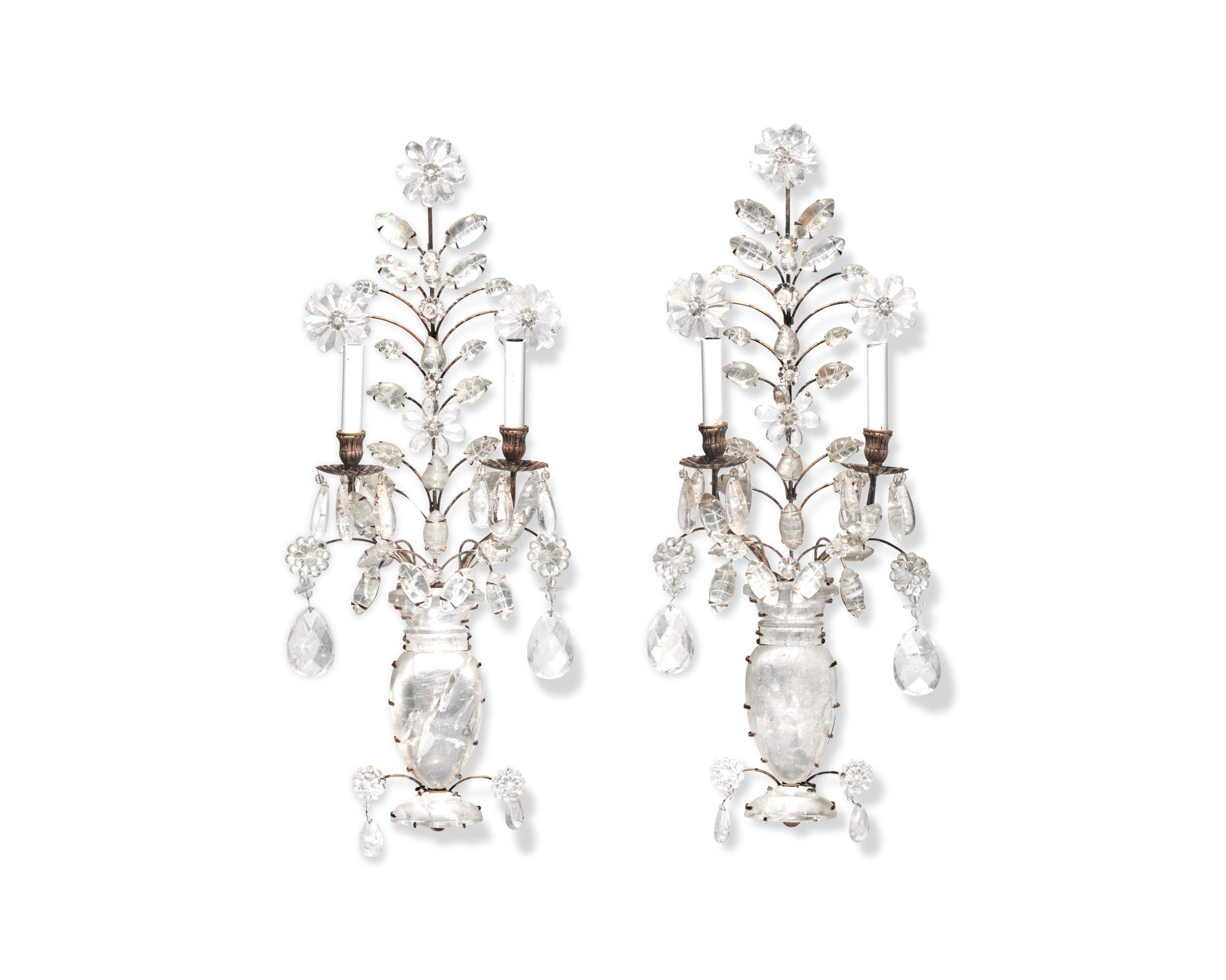A pair of Maison Bagues style rock crystal and brass wall sconces, mid-20th century