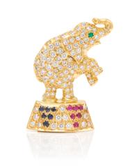 An 18 Karat Yellow Gold, Diamond, Sapphire, Ruby and Emerald Elephant Motif Pendant/Brooch, 14.60 dwts.