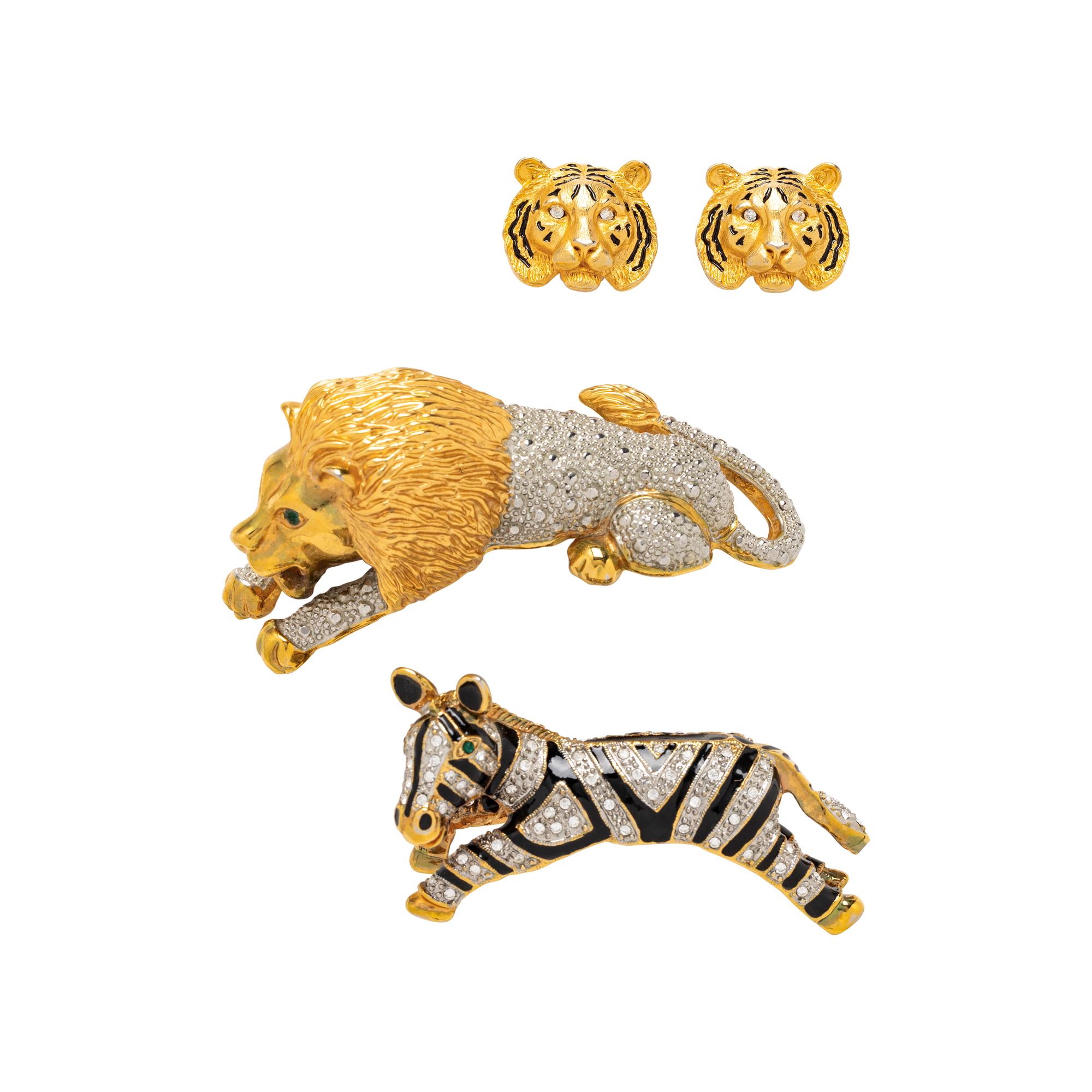 COLLECTION OF COSTUME, GOLD TONE, RHINESTONE AND BLACK ENAMEL SAFARI ANIMAL JEWELRY