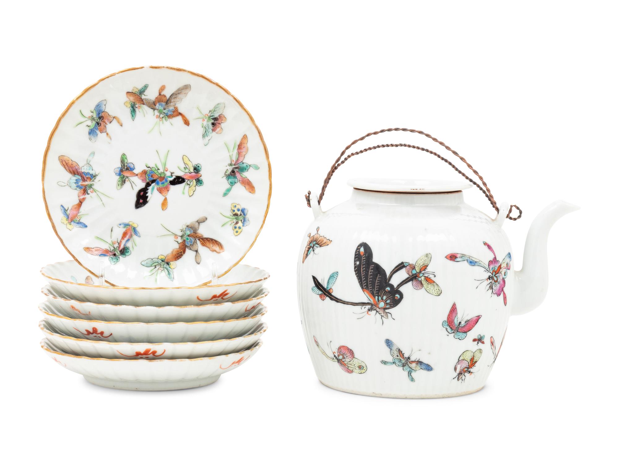 A Set of Seven Chinese Famille Rose Porcelain 'Butterfly' Tea Wares