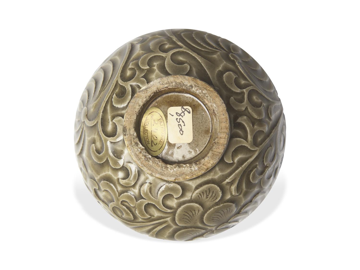 A Small Chinese Yaozhou Style Carved Celadon Jar