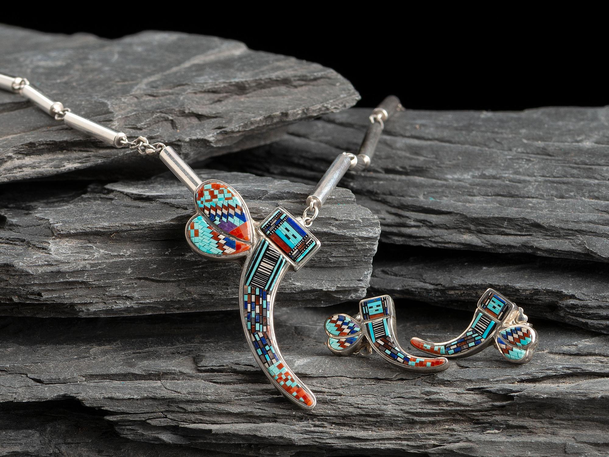 Sterling Silver Micro Mosaic Inlay Dragonfly Necklace and Post Earring Set