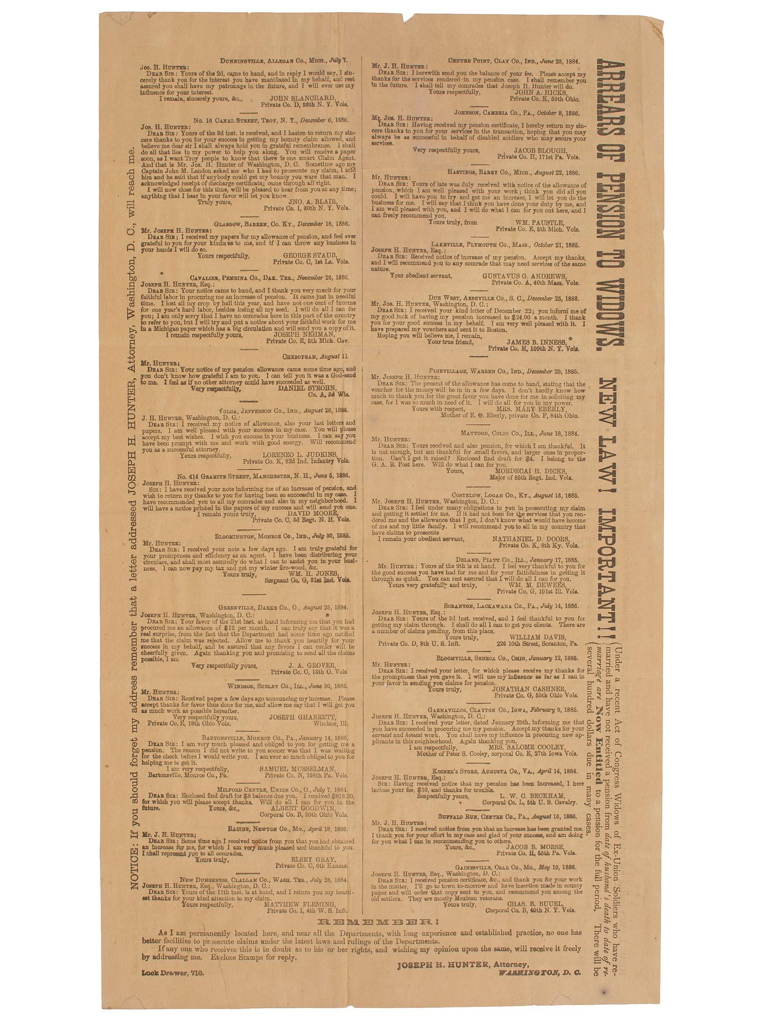 [CIVIL WAR]. Post-war broadside regarding Civil War soldiers' pensions. Washington, DC: 1887.