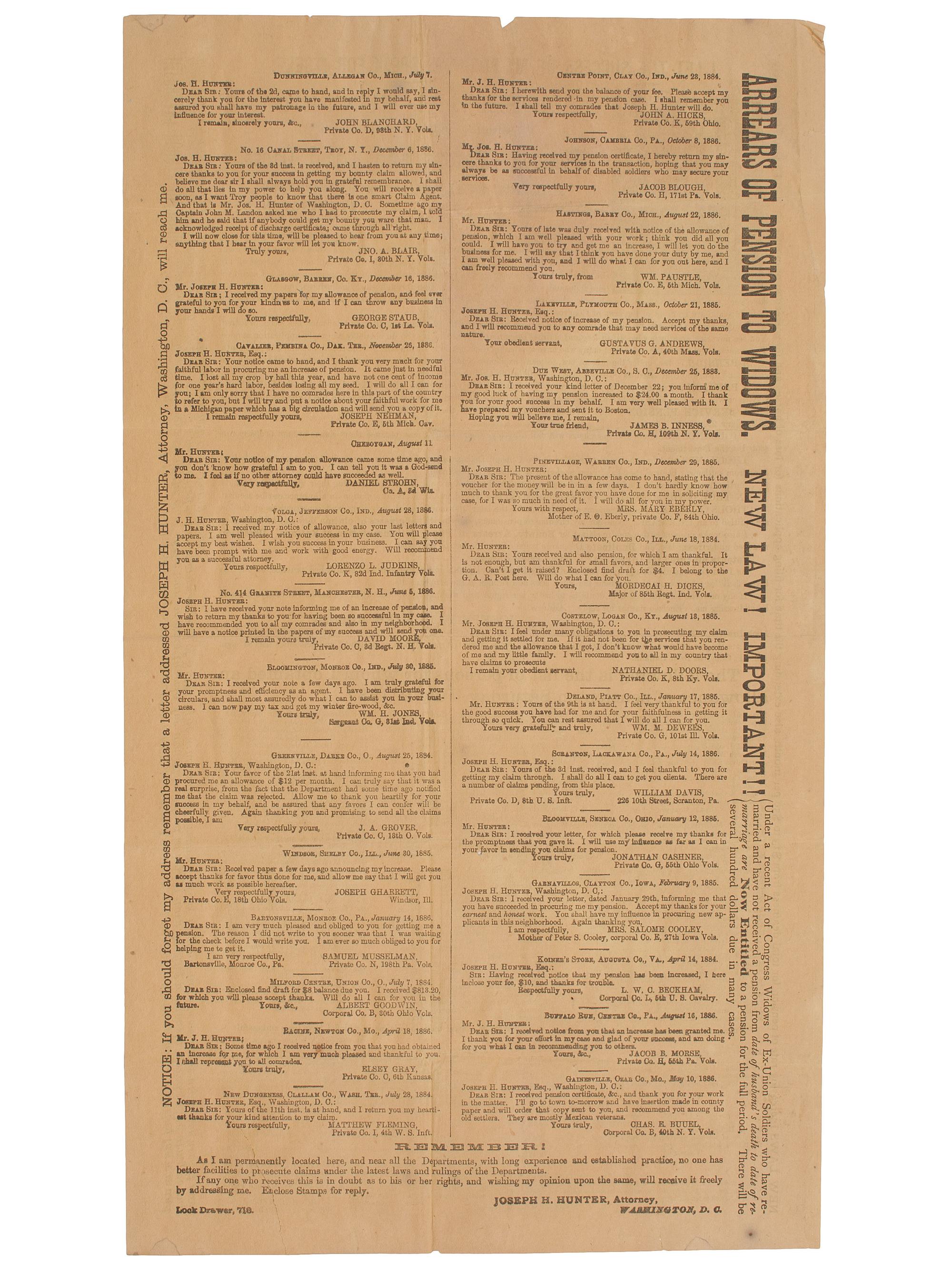 [CIVIL WAR]. Post-war broadside regarding Civil War soldiers' pensions. Washington, DC: 1887.