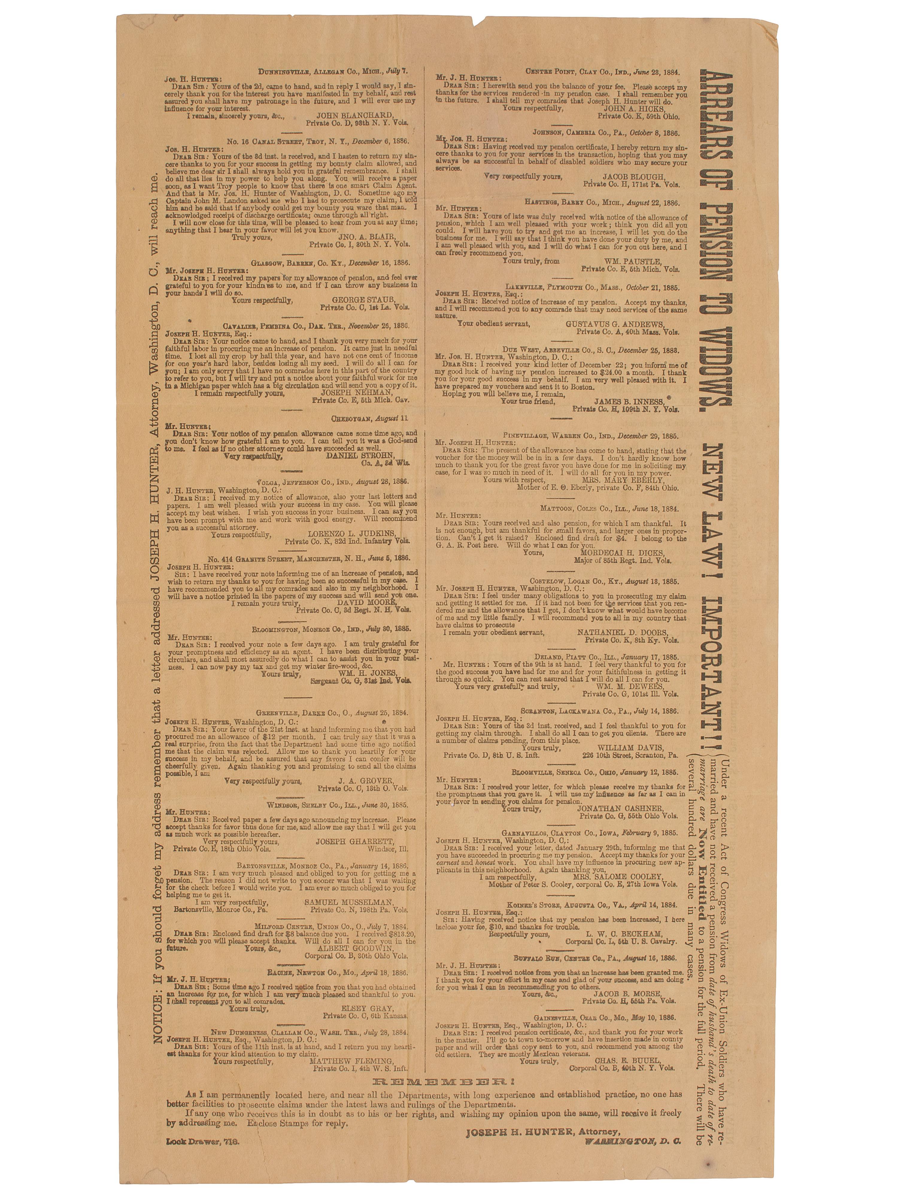 [CIVIL WAR]. Post-war broadside regarding Civil War soldiers' pensions. Washington, DC: 1887.