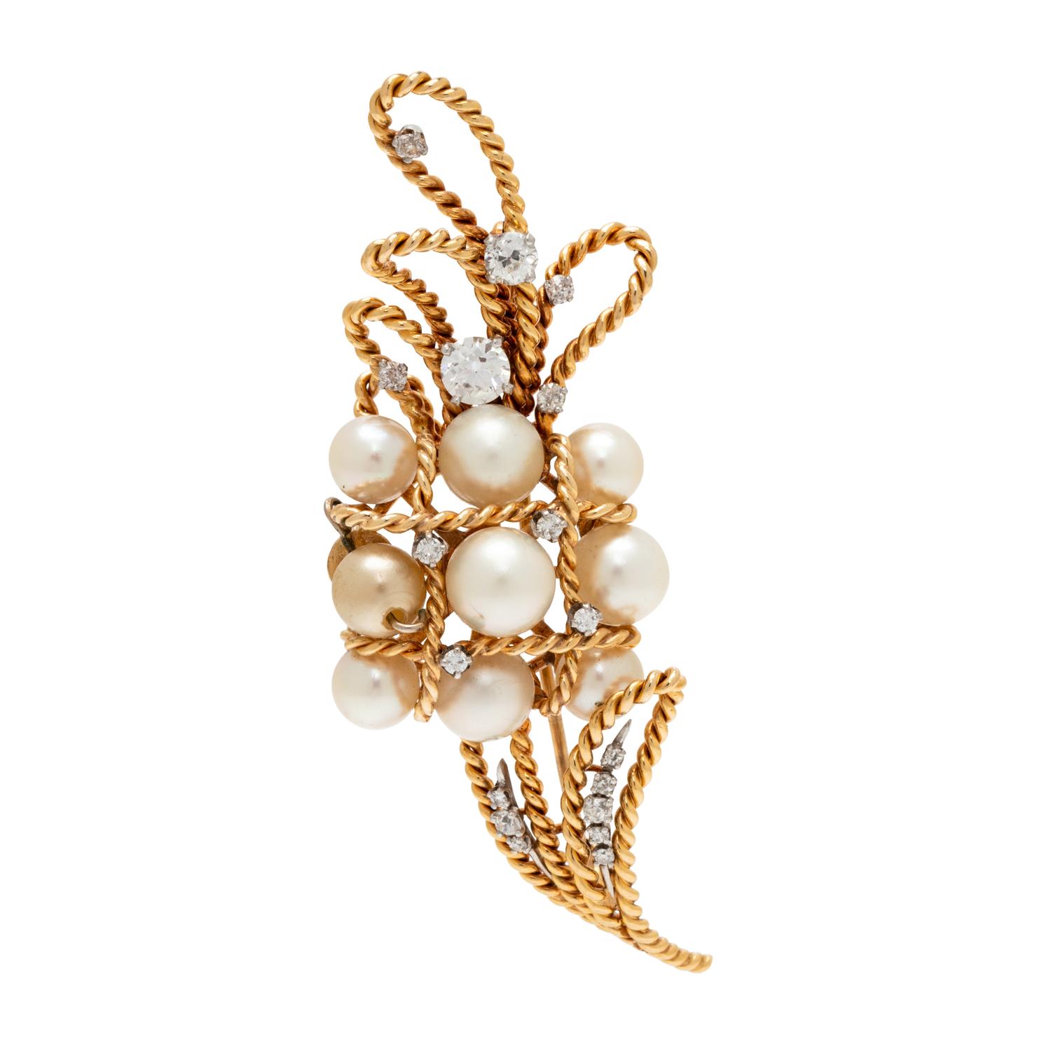 YELLOW GOLD, CULTURED PEARL AND DIAMOND BROOCH