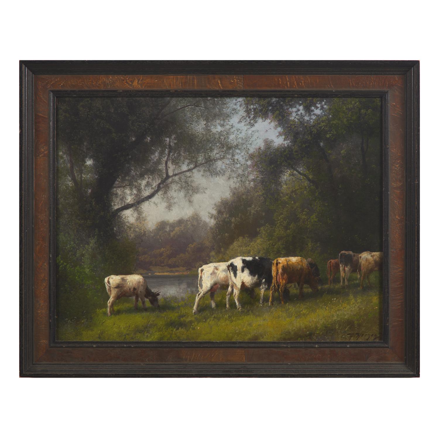 Hermann Herzog (American/German, 1832-1932) — Pastoral Landscape, Cows by Water's Edge , c. 1880