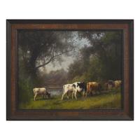 Hermann Herzog (American/German, 1832-1932) — Pastoral Landscape, Cows by Water's Edge , c. 1880
