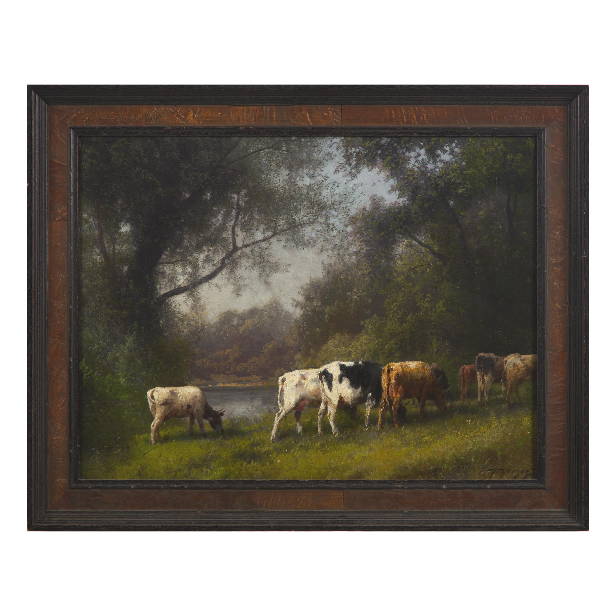 Hermann Herzog (American/German, 1832-1932) — Pastoral Landscape, Cows by Water's Edge , c. 1880